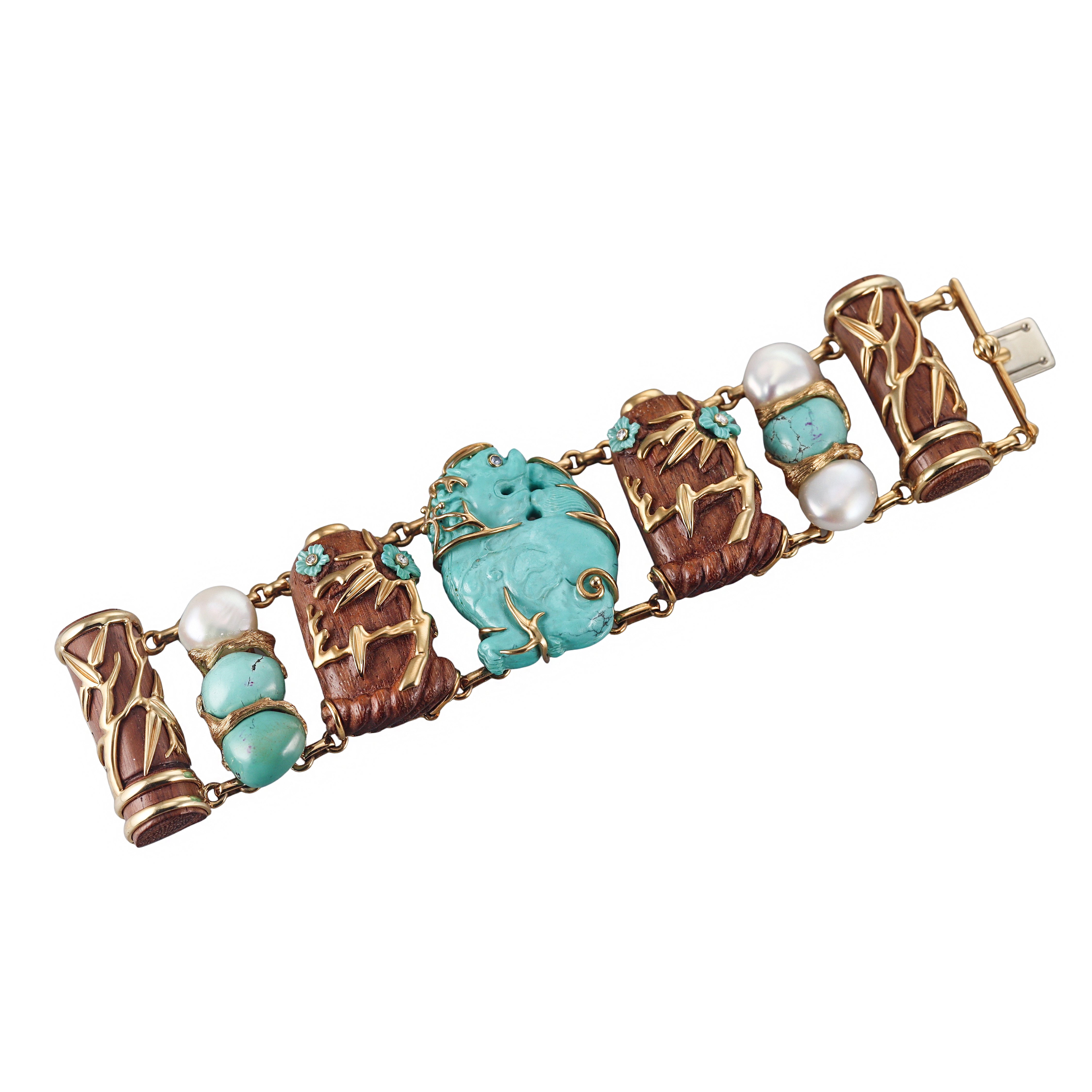 Seaman Schepps Snuff Bottle Turquoise Coral Wood Gold Bracelet