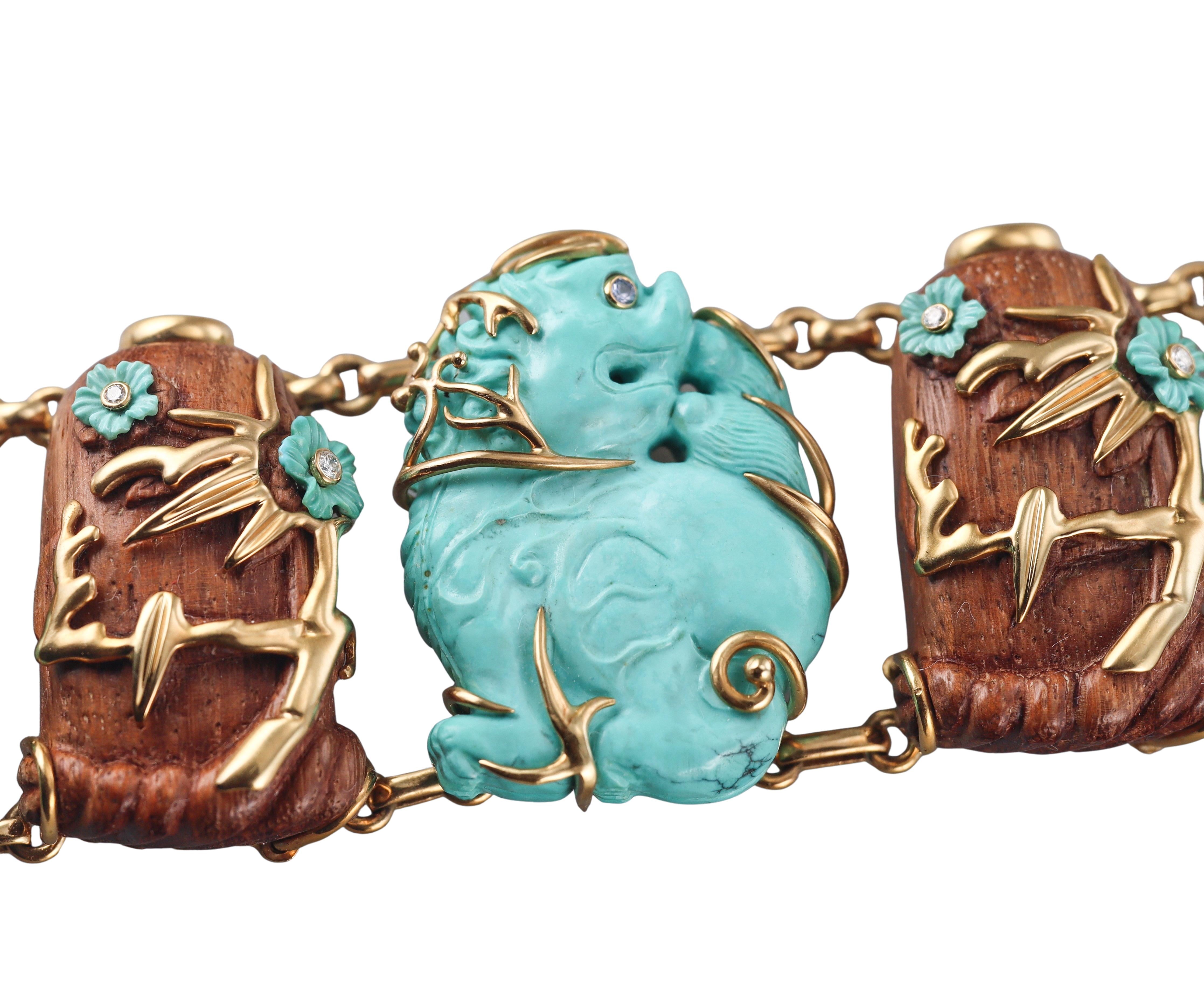 Seaman Schepps Snuff Bottle Turquoise Coral Wood Gold Bracelet