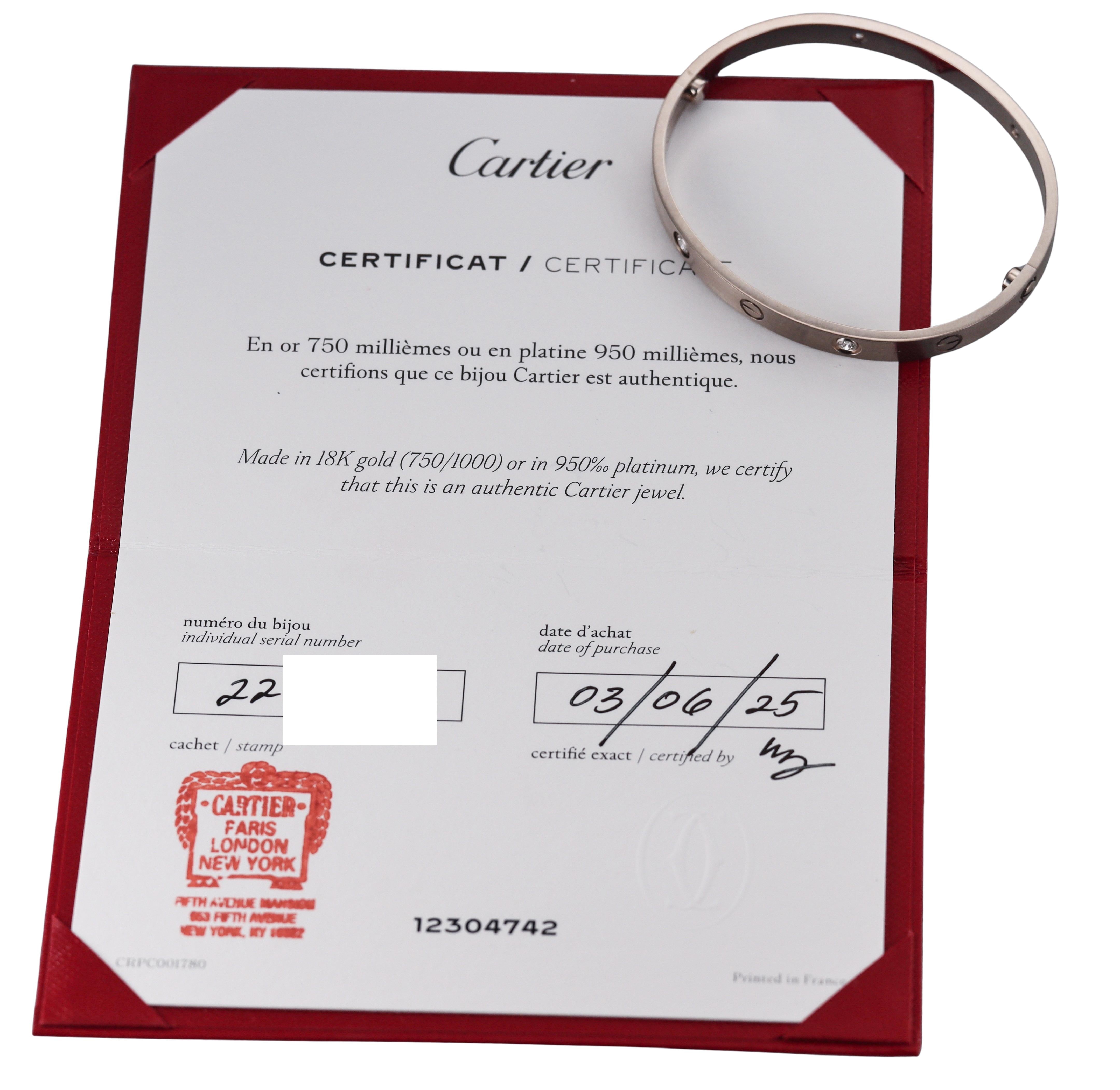 Cartier Love 4 Diamonds Brushed Finish Classic Model Bracelet Size 18