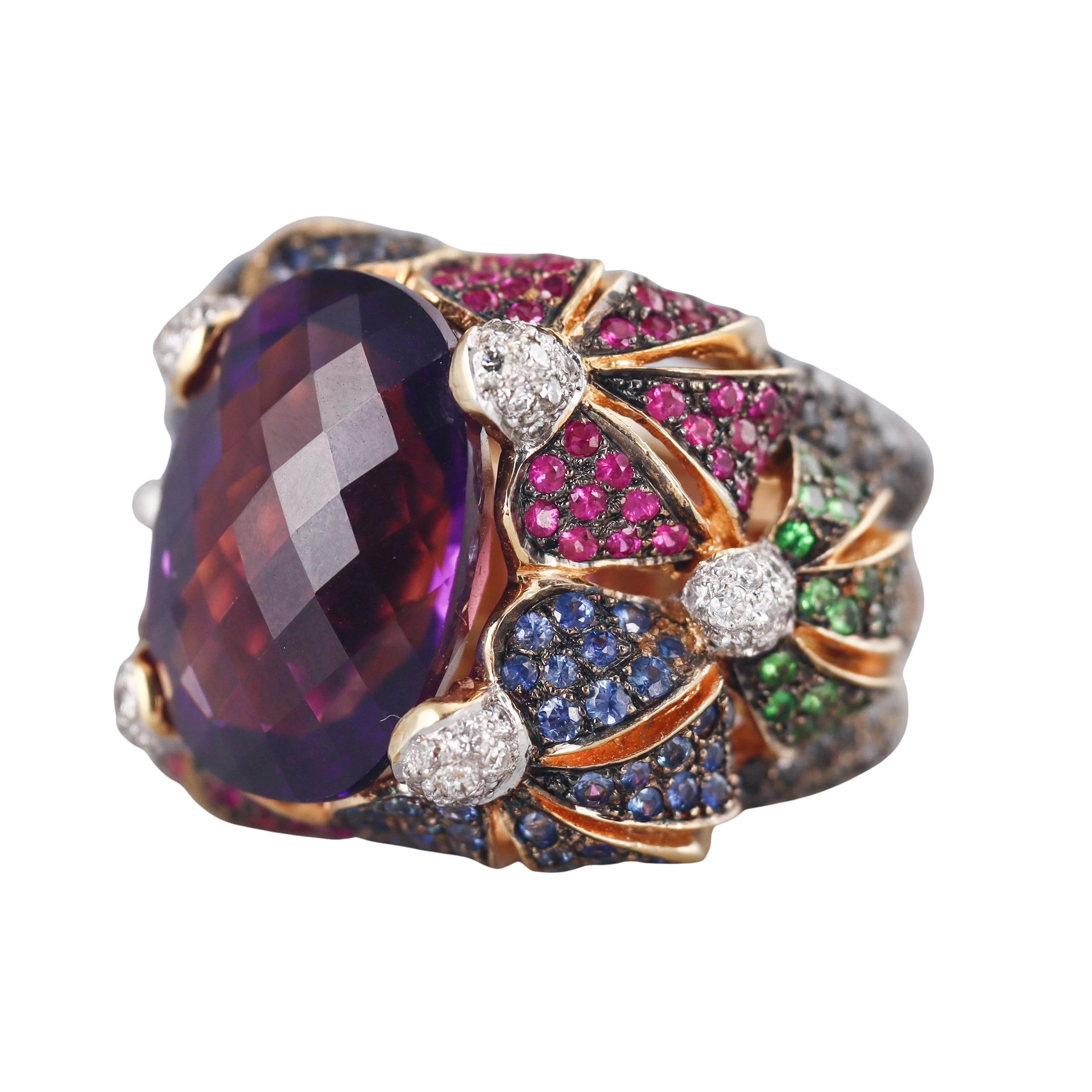 Amethyst Multi Color Sapphire Tsavorite Diamond Gold Cocktail Ring