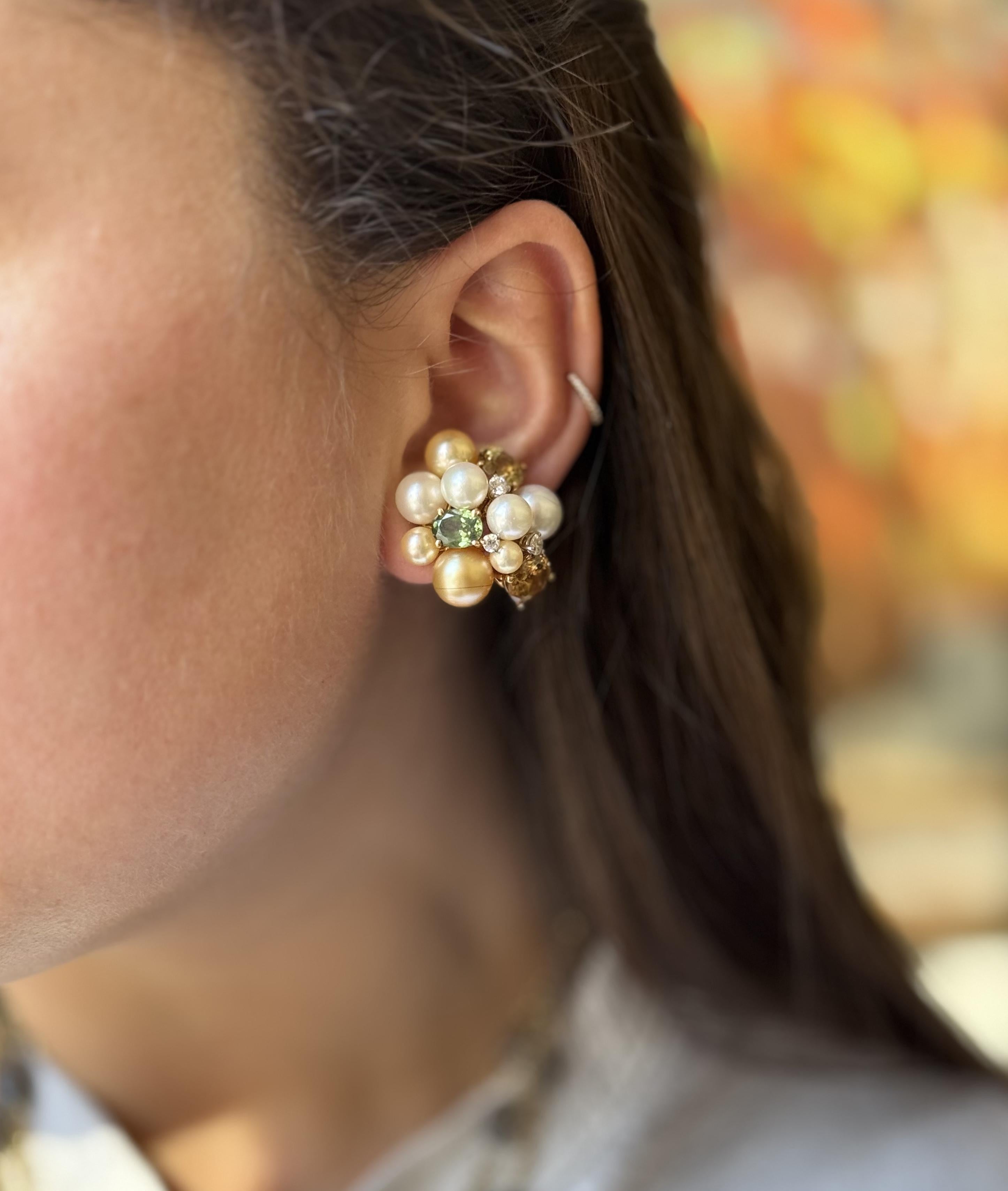 Seaman Schepps Large Bubble Tourmaline Pearl Diamond Citrine Gold Earrings