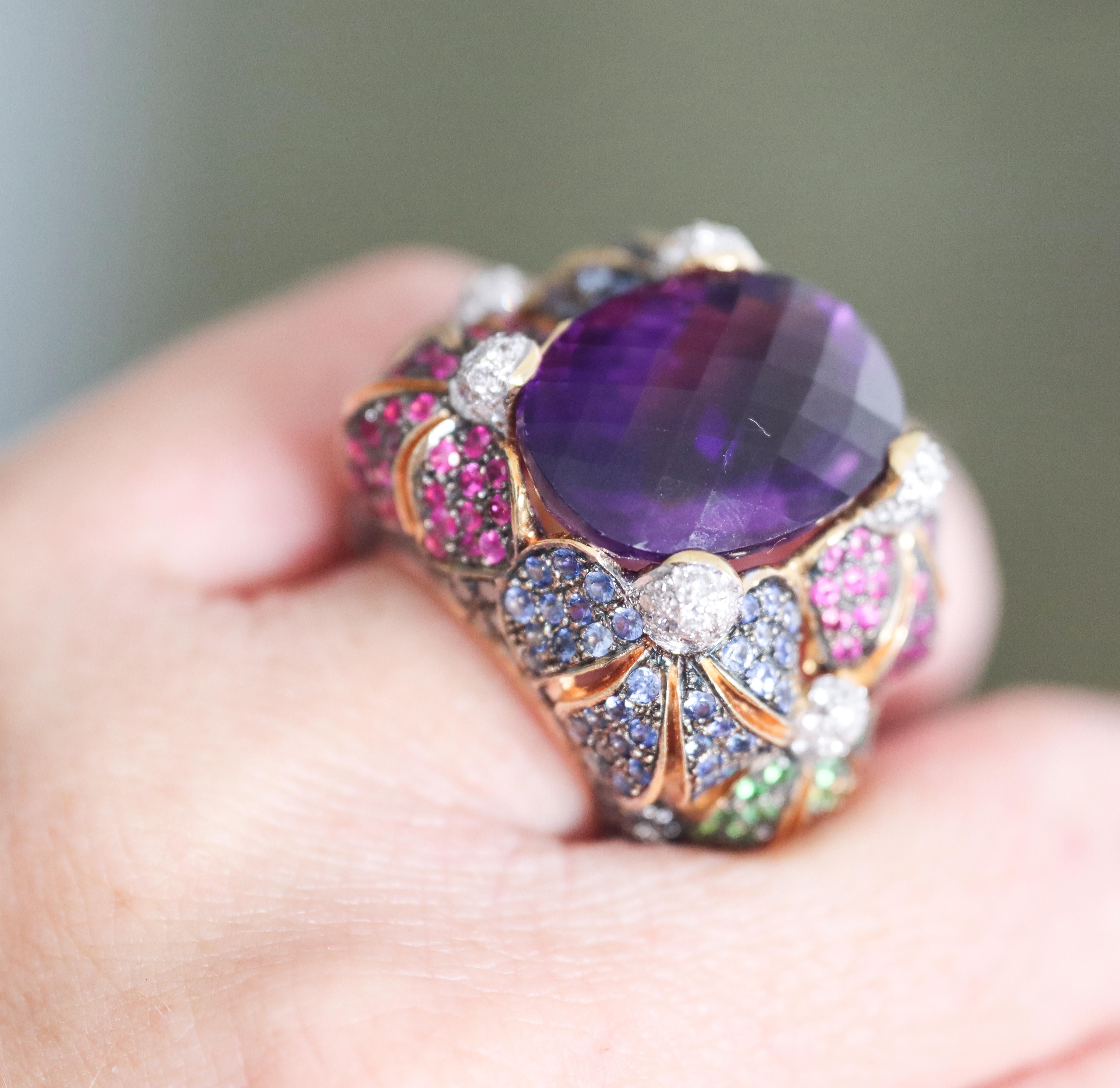 Amethyst Multi Color Sapphire Tsavorite Diamond Gold Cocktail Ring