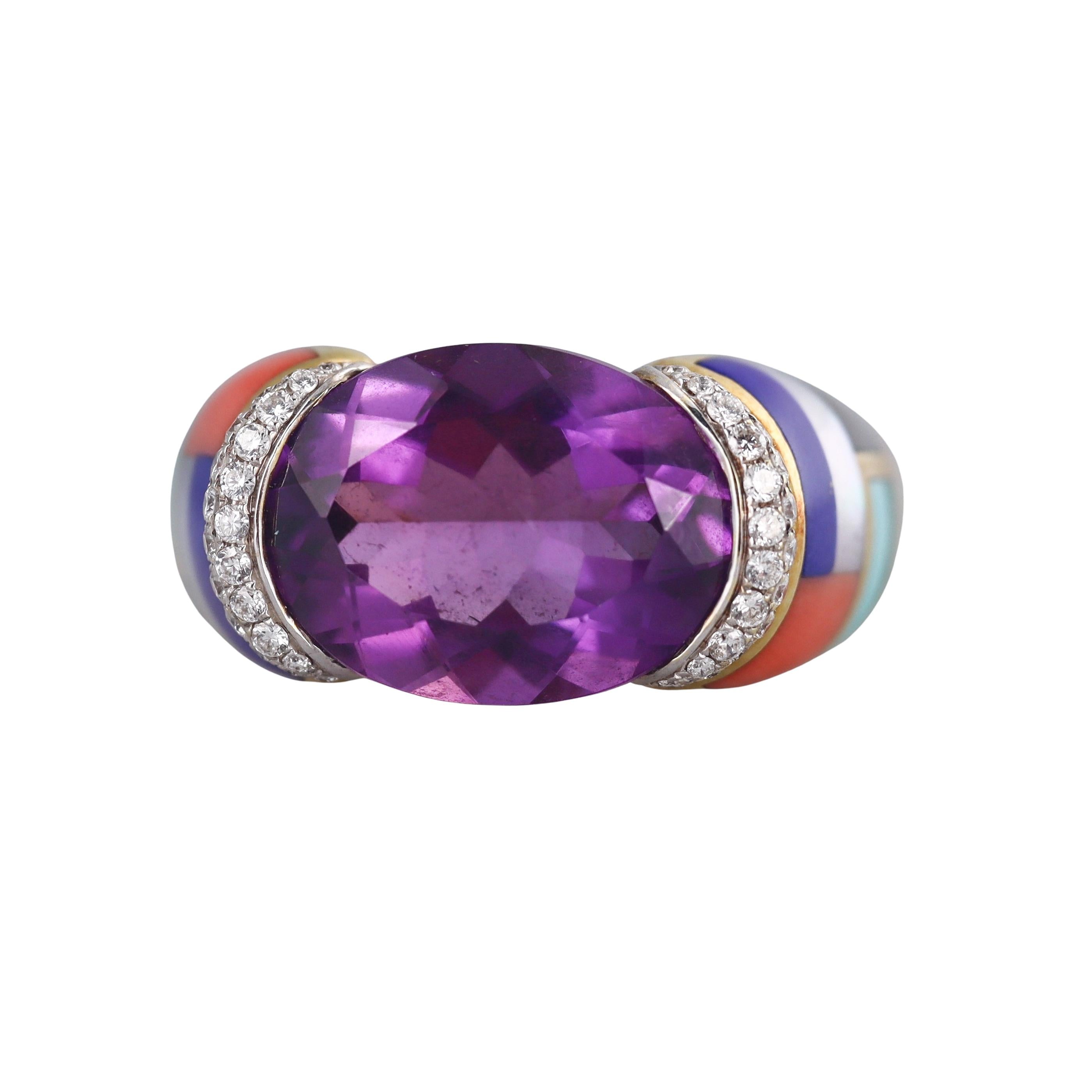Asch Grossbardt Amethyst Diamond Inlay Gemstone Gold Ring