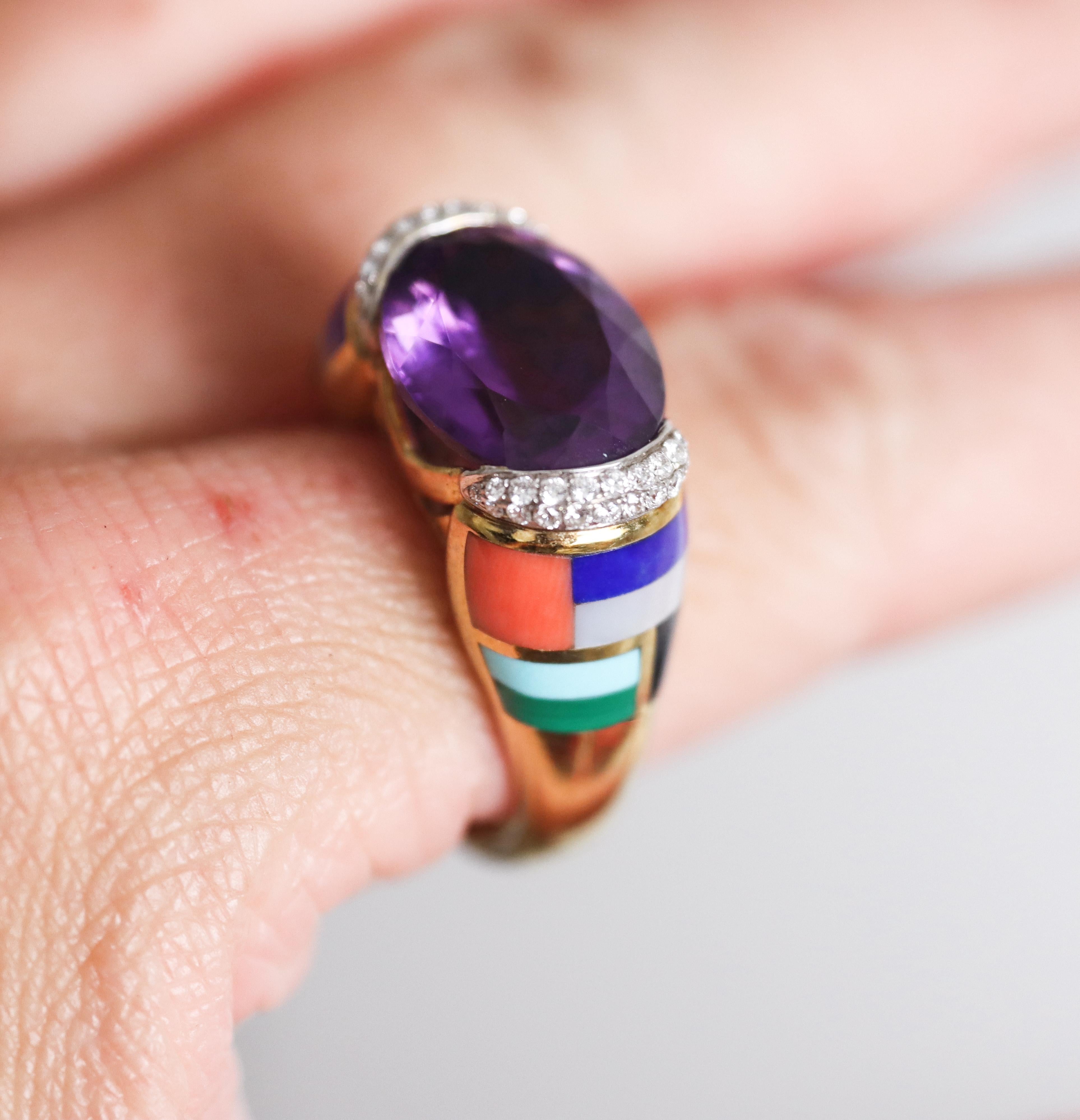 Asch Grossbardt Amethyst Diamond Inlay Gemstone Gold Ring