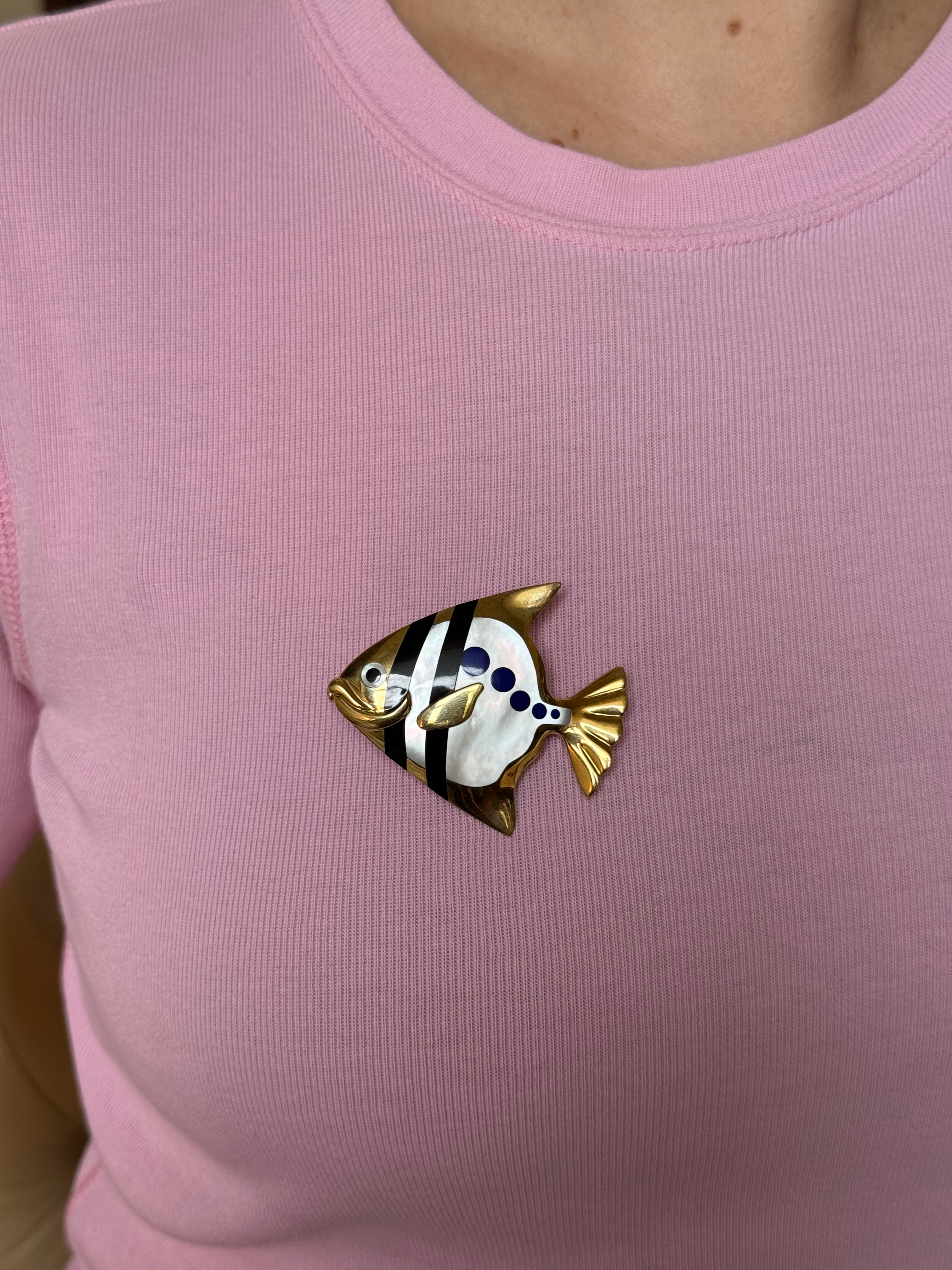 Tiffany & Co Black Jade MOP Lapis Gold Fish Brooch
