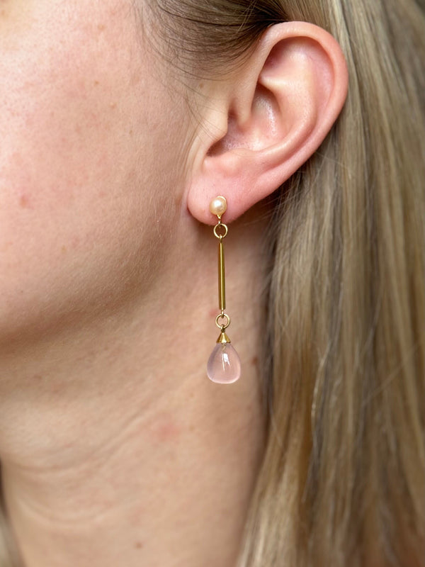 Mimi Milano Pearl Rose Quartz Gold Drop Earrings