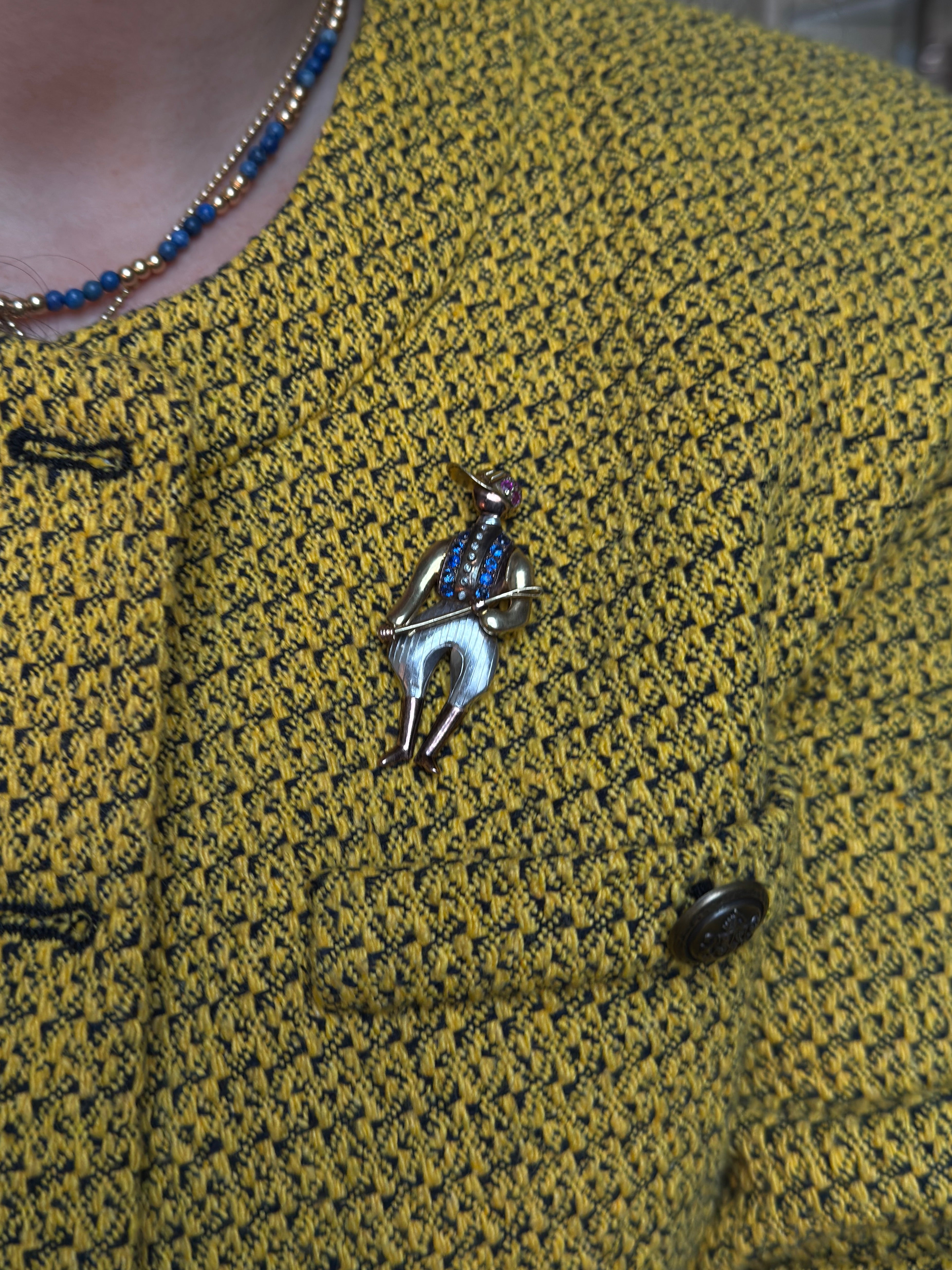 Retro Vintage Gold Diamond Sapphire Jockey Brooch Pin Brooch