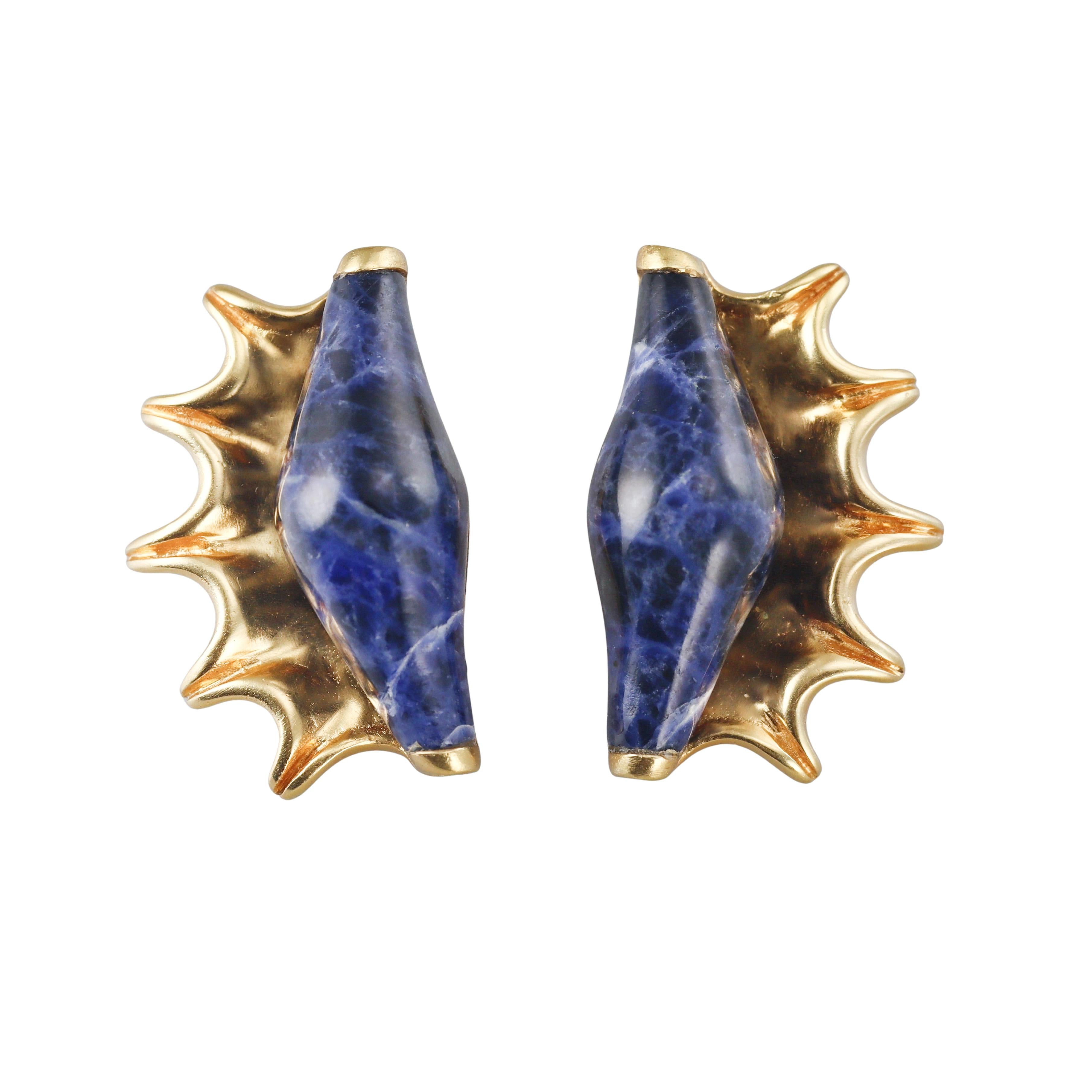 Lalaounis Greece Sodalite Gold Shell Motif Earrings