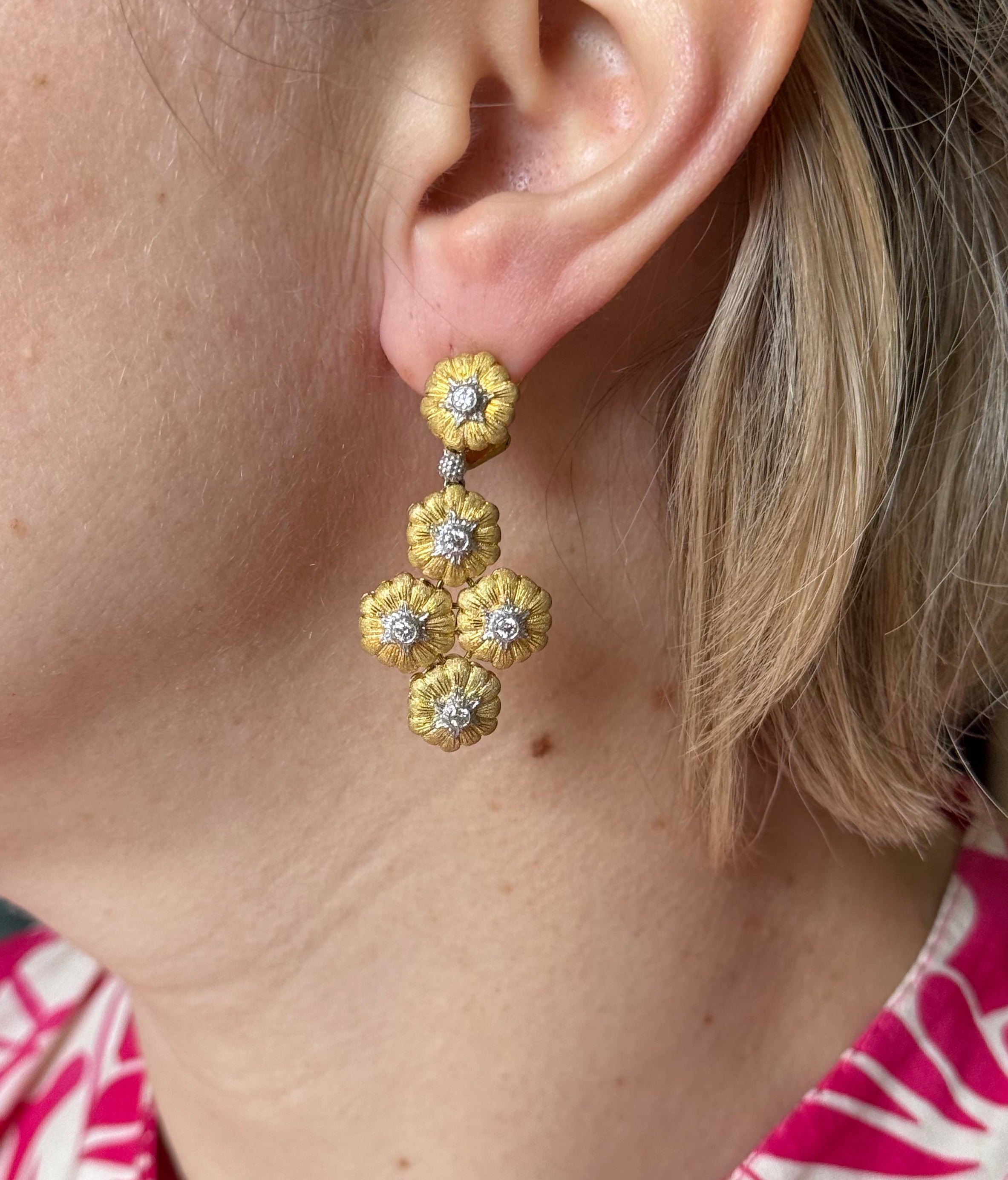 Buccellati Gold Diamond Flower Motif Drop Earrings