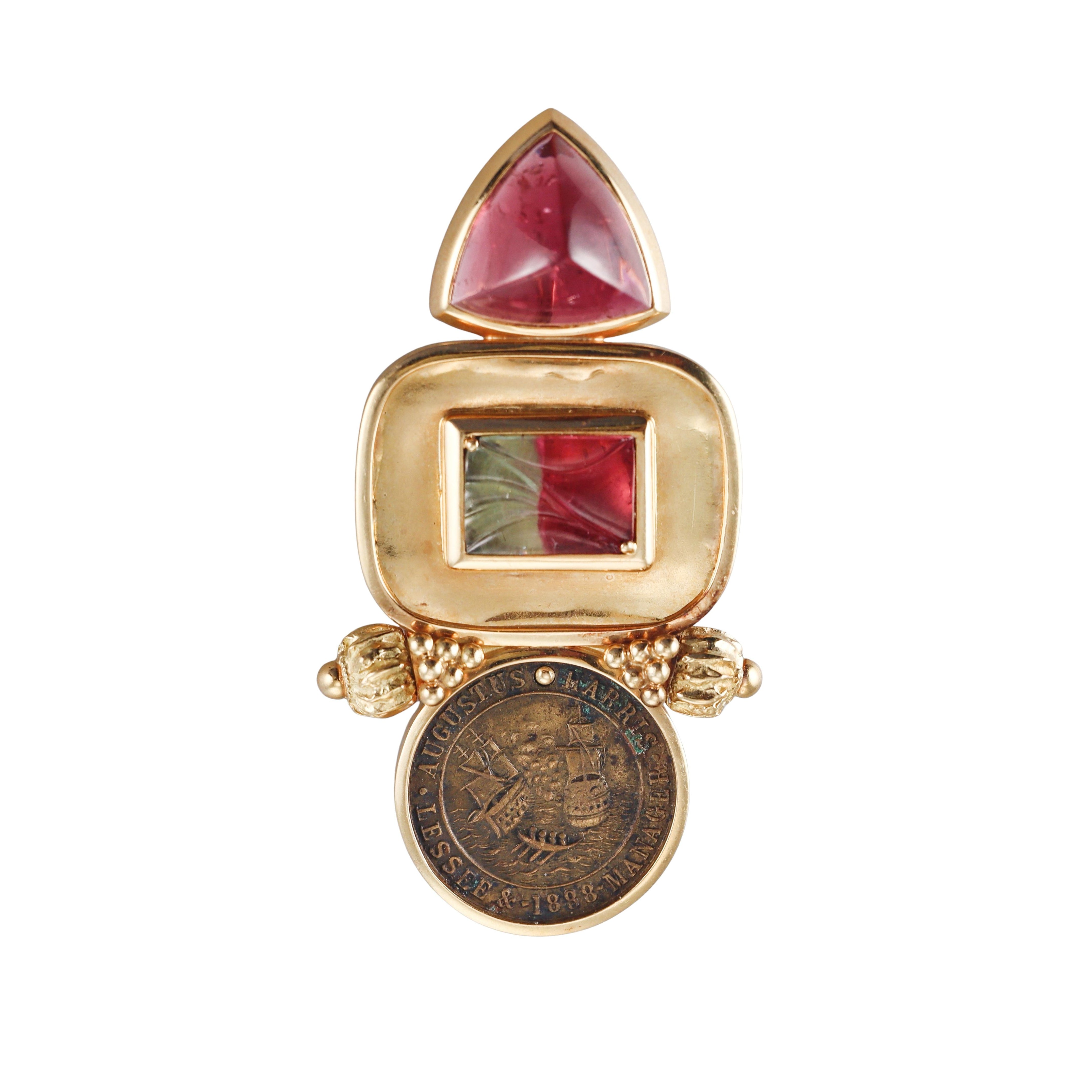 Elizabeth Gage Watermelon Tourmaline Coin Brooch Pendant