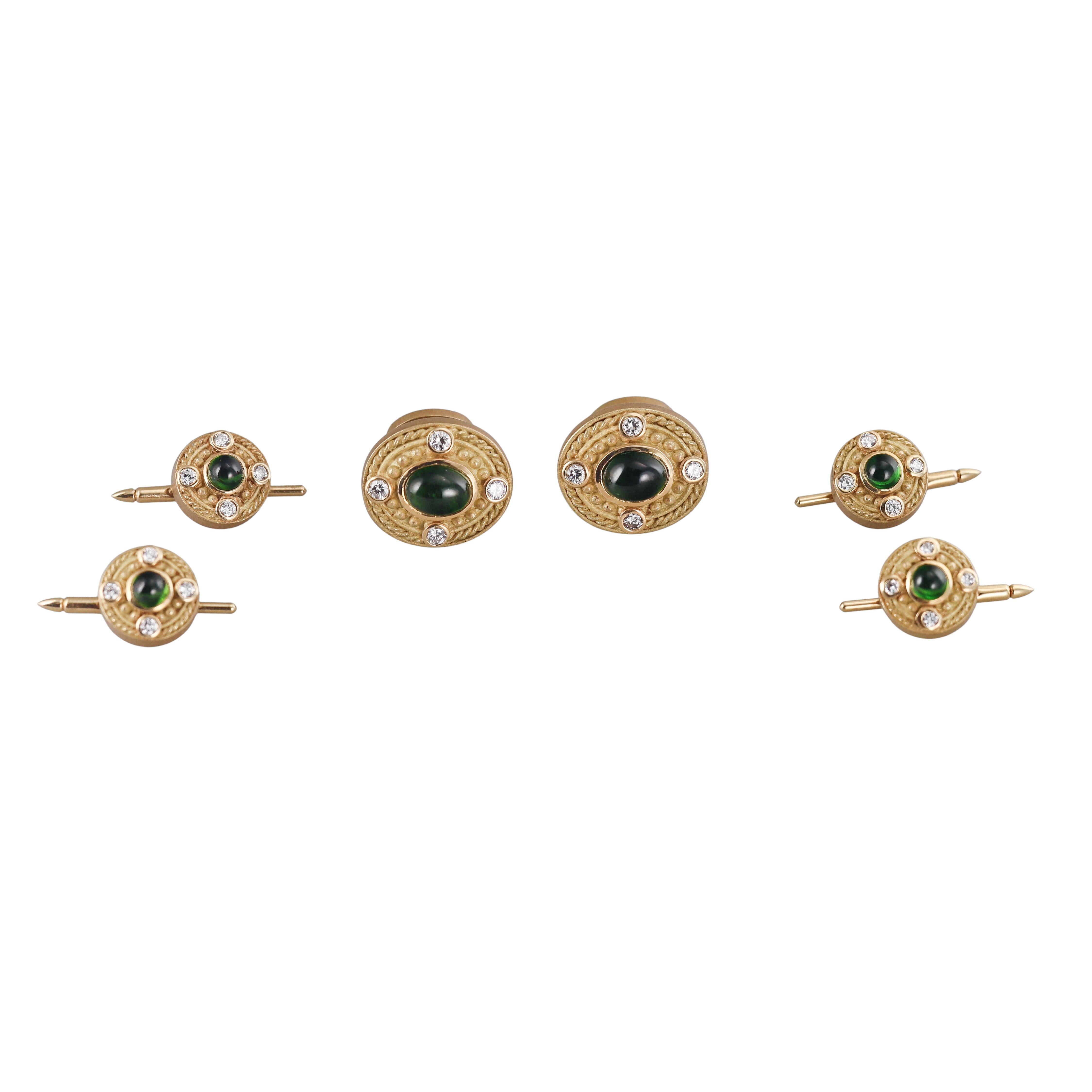 Green Tourmaline Diamond Gold Cufflinks Tuxedo Stud Set