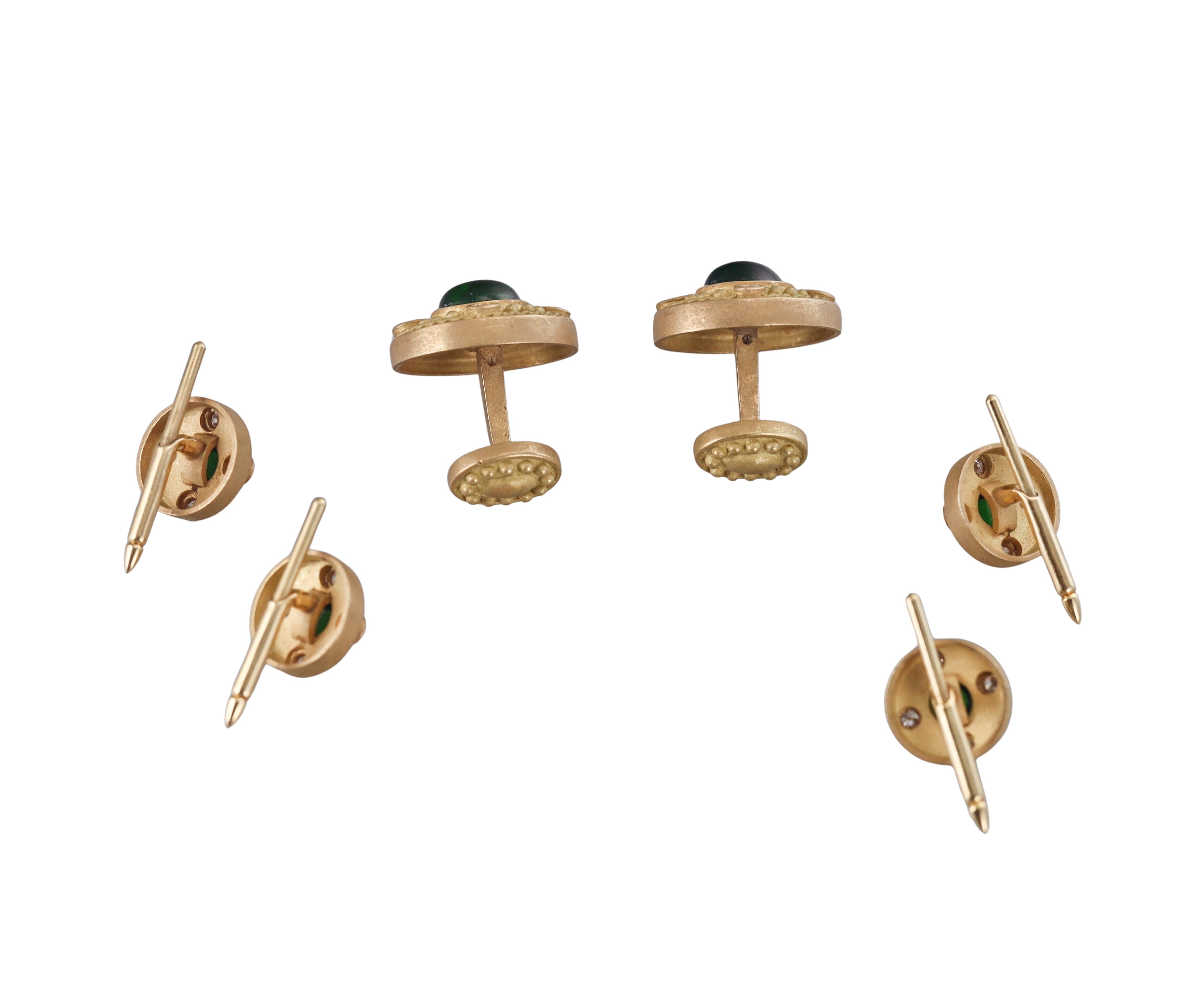 Green Tourmaline Diamond Gold Cufflinks Tuxedo Stud Set
