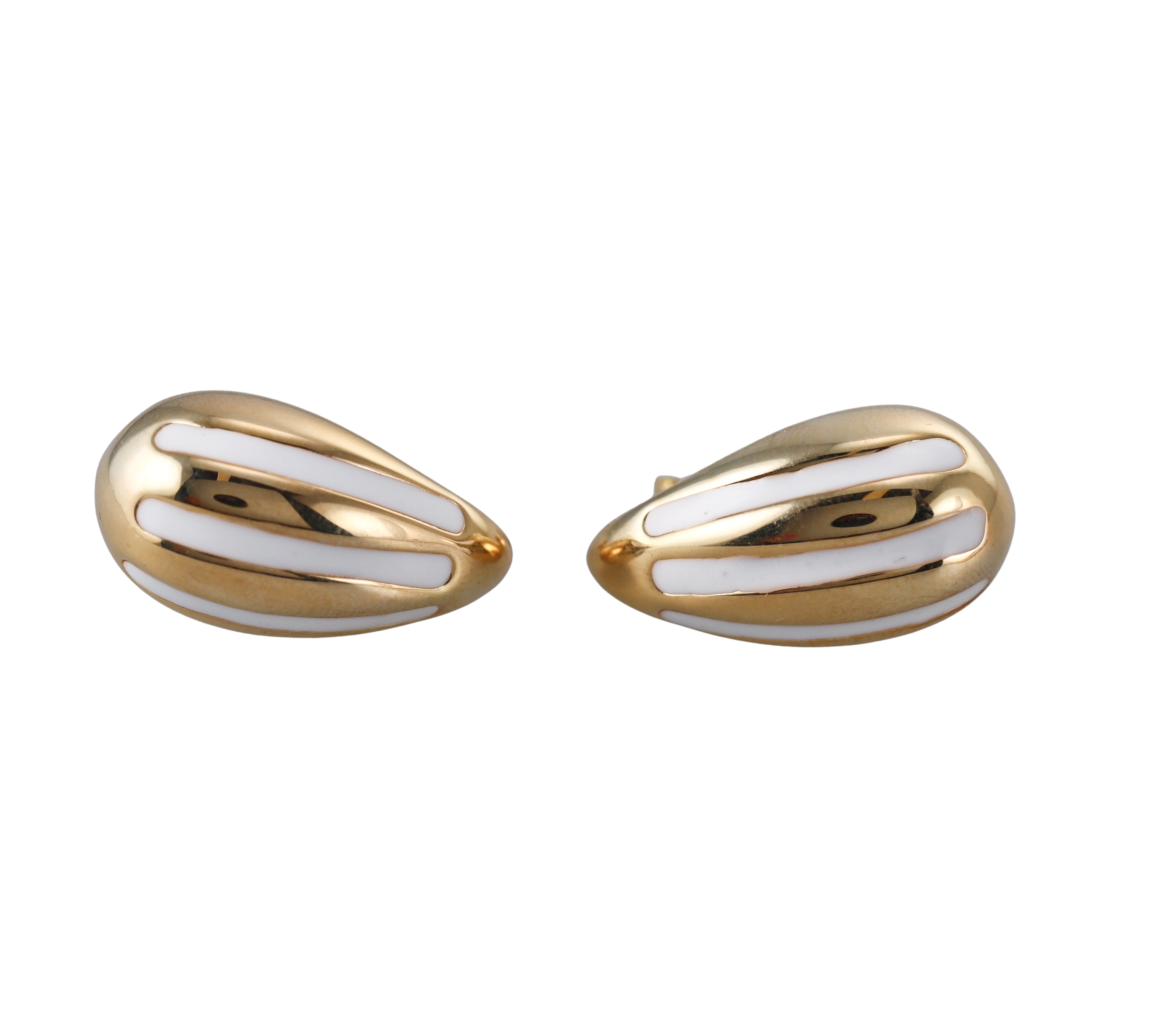 Yellow Gold White Stripe Enamel Medium Teardrop Earrings