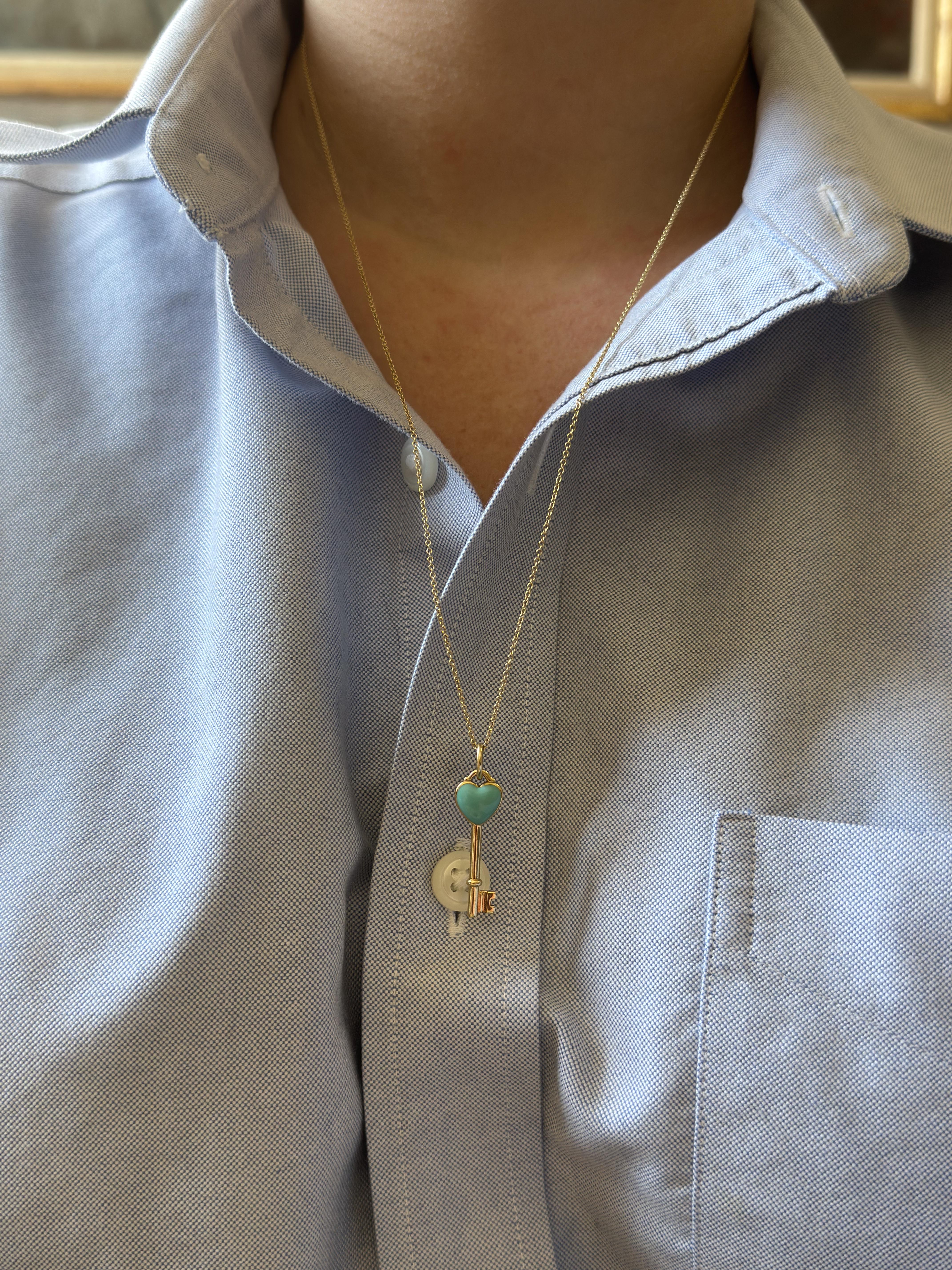 Tiffany & Co Blue Enamel Heart Key Gold Pendant Necklace