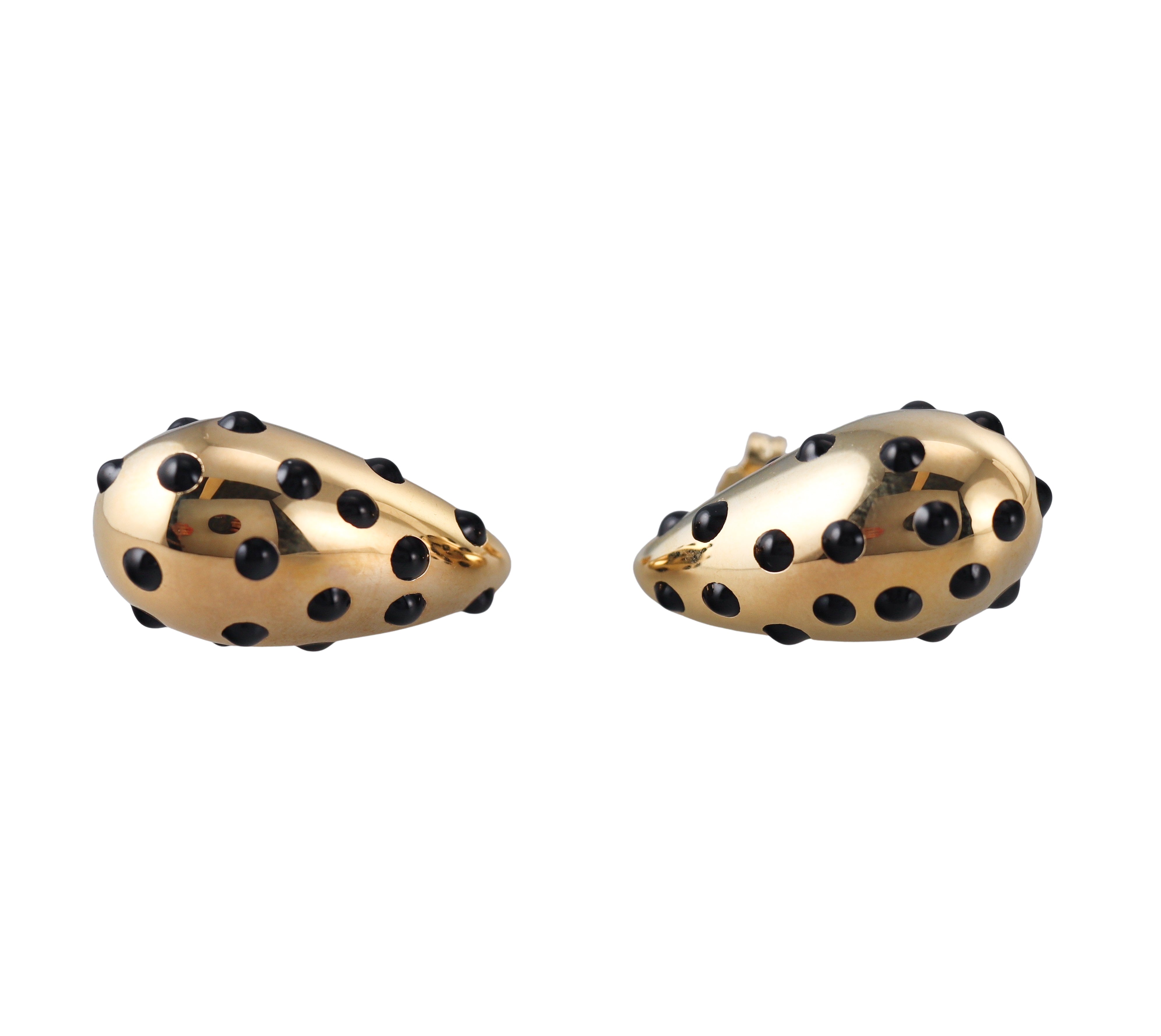Yellow Gold Black Polka Dot Enamel Large Teardrop Earrings