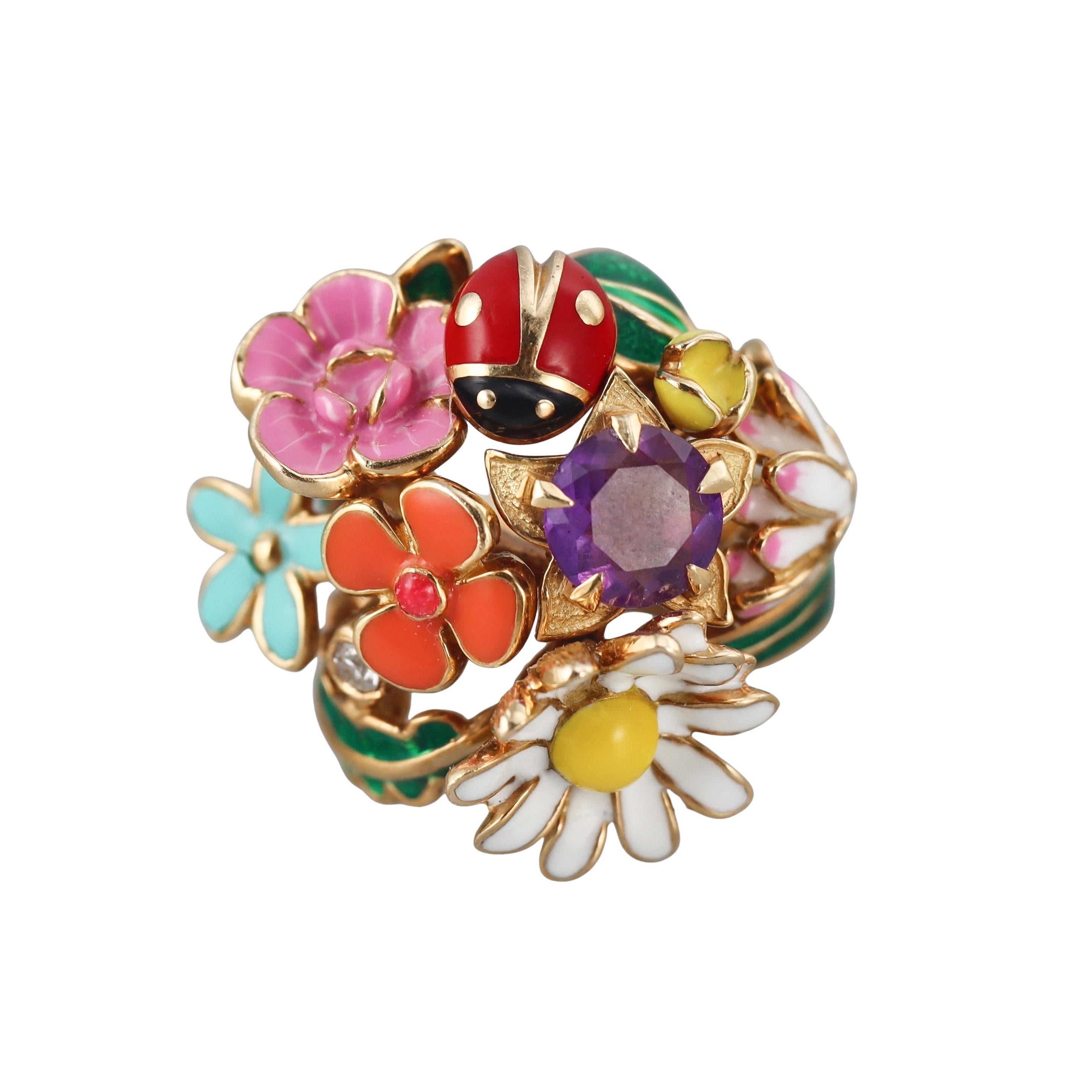 Christian Dior Diorette Enamel Diamond Amethyst Gold Ring