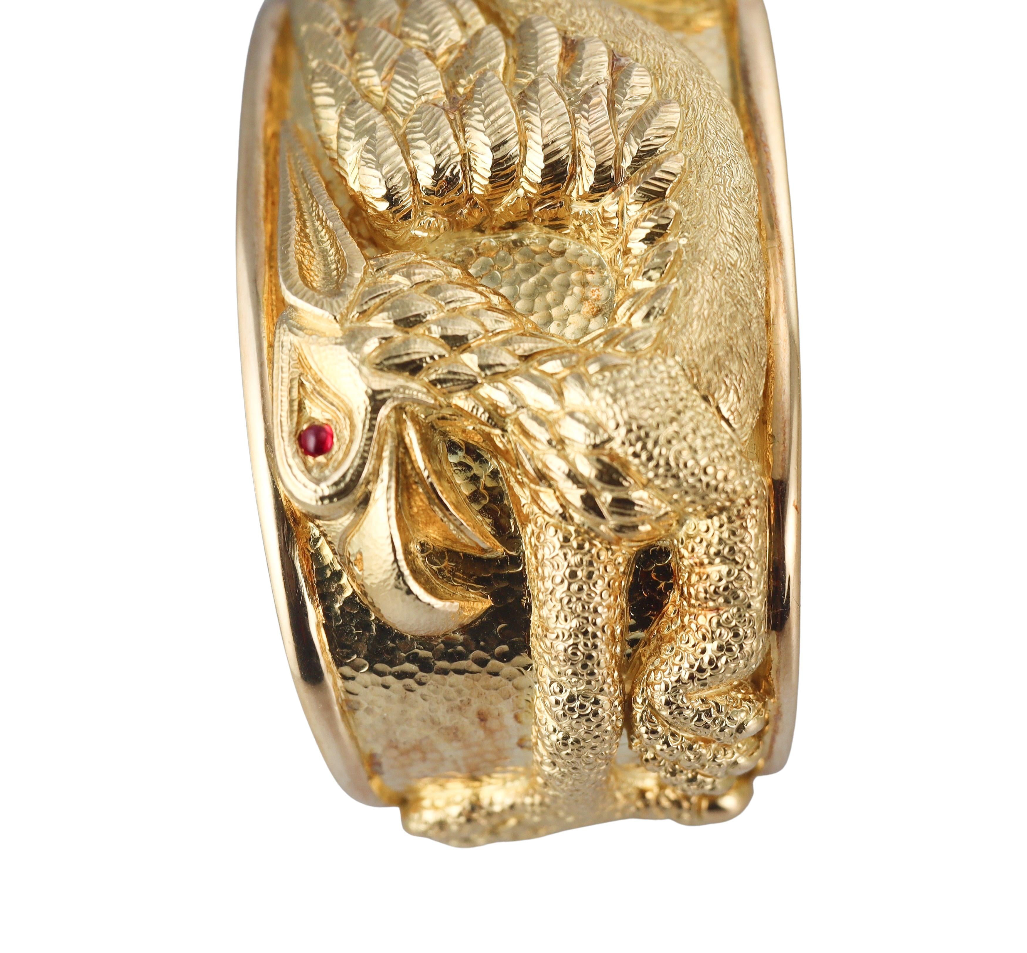 David Webb Gold Ruby Repousse Griffin Cuff Bracelet