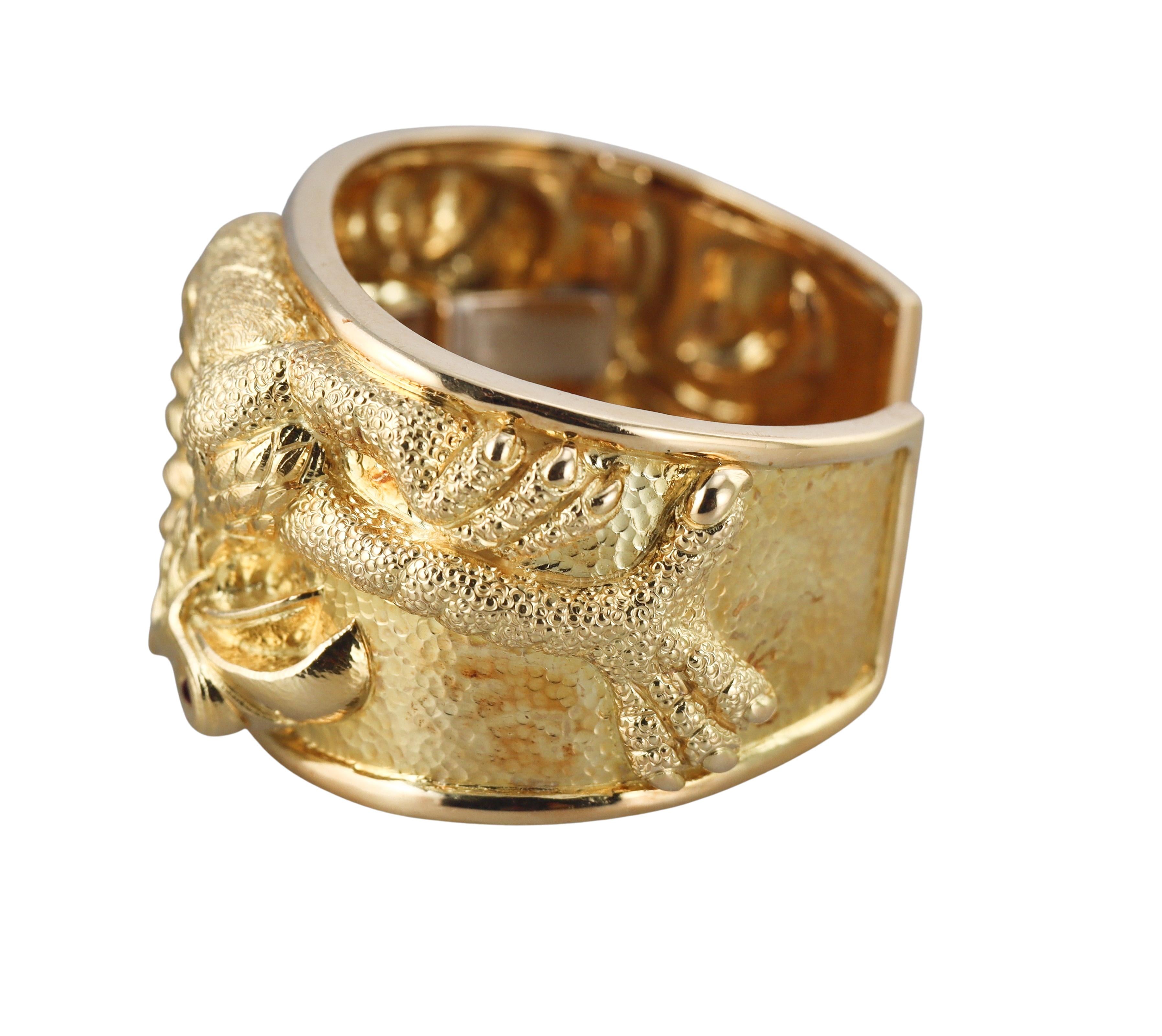 David Webb Gold Ruby Repousse Griffin Cuff Bracelet