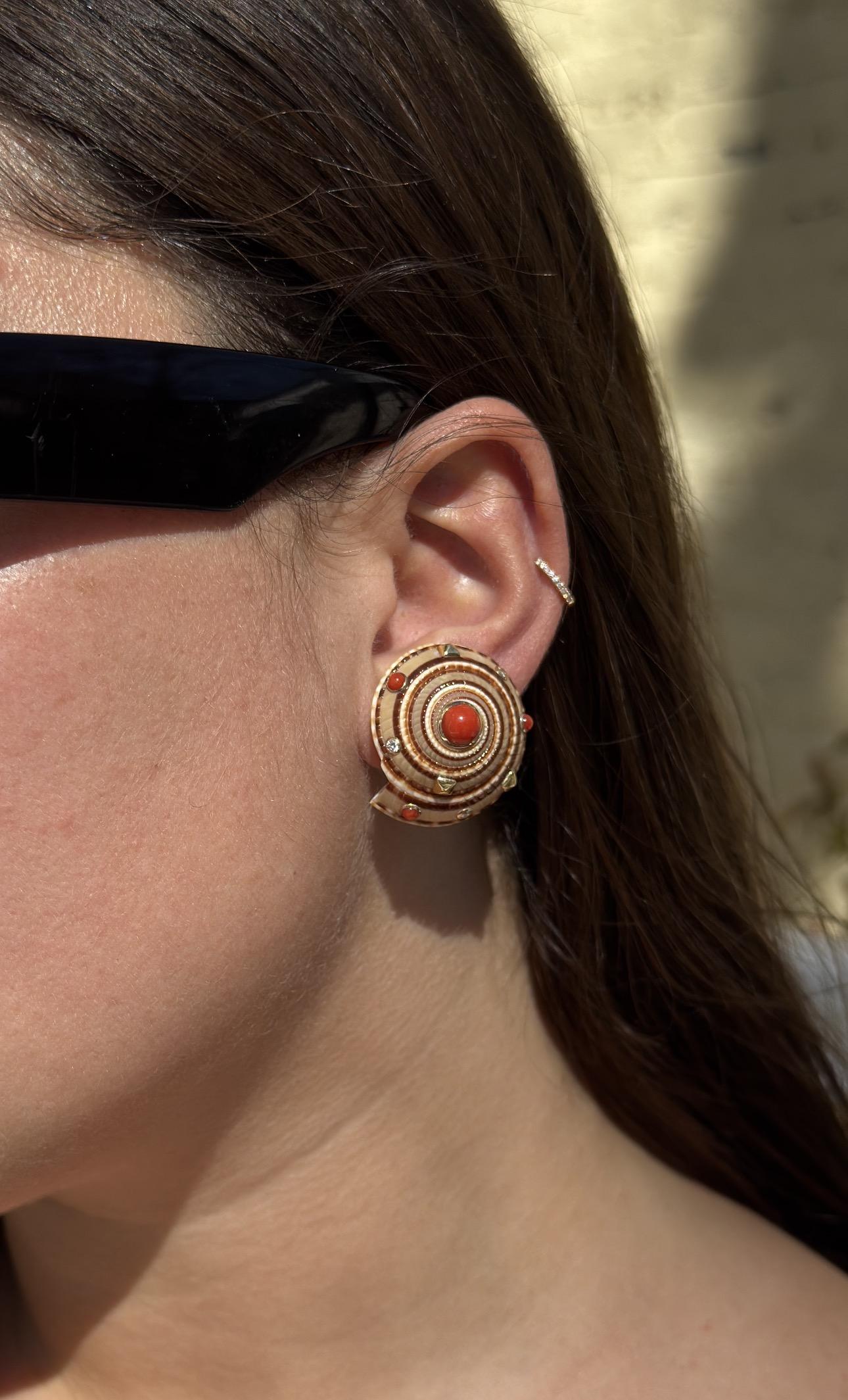 Coral Diamond Gold Shell Earrings