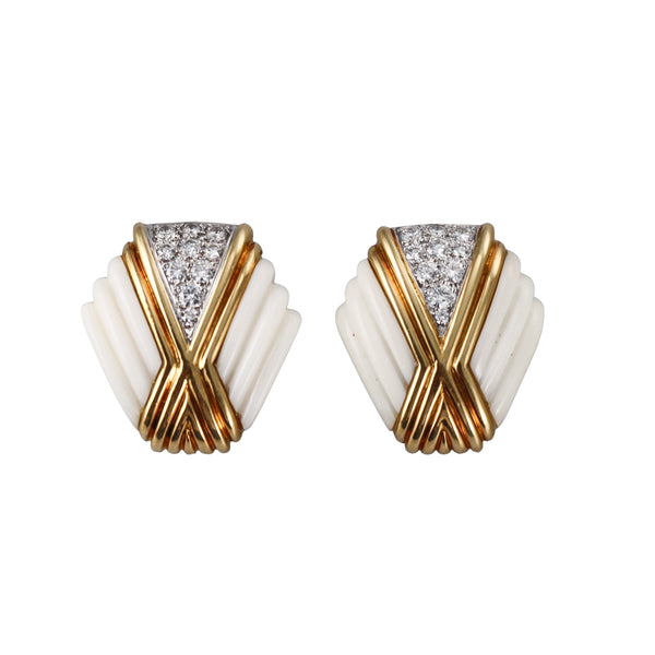 1980s White Coral Diamond Gold Earrings