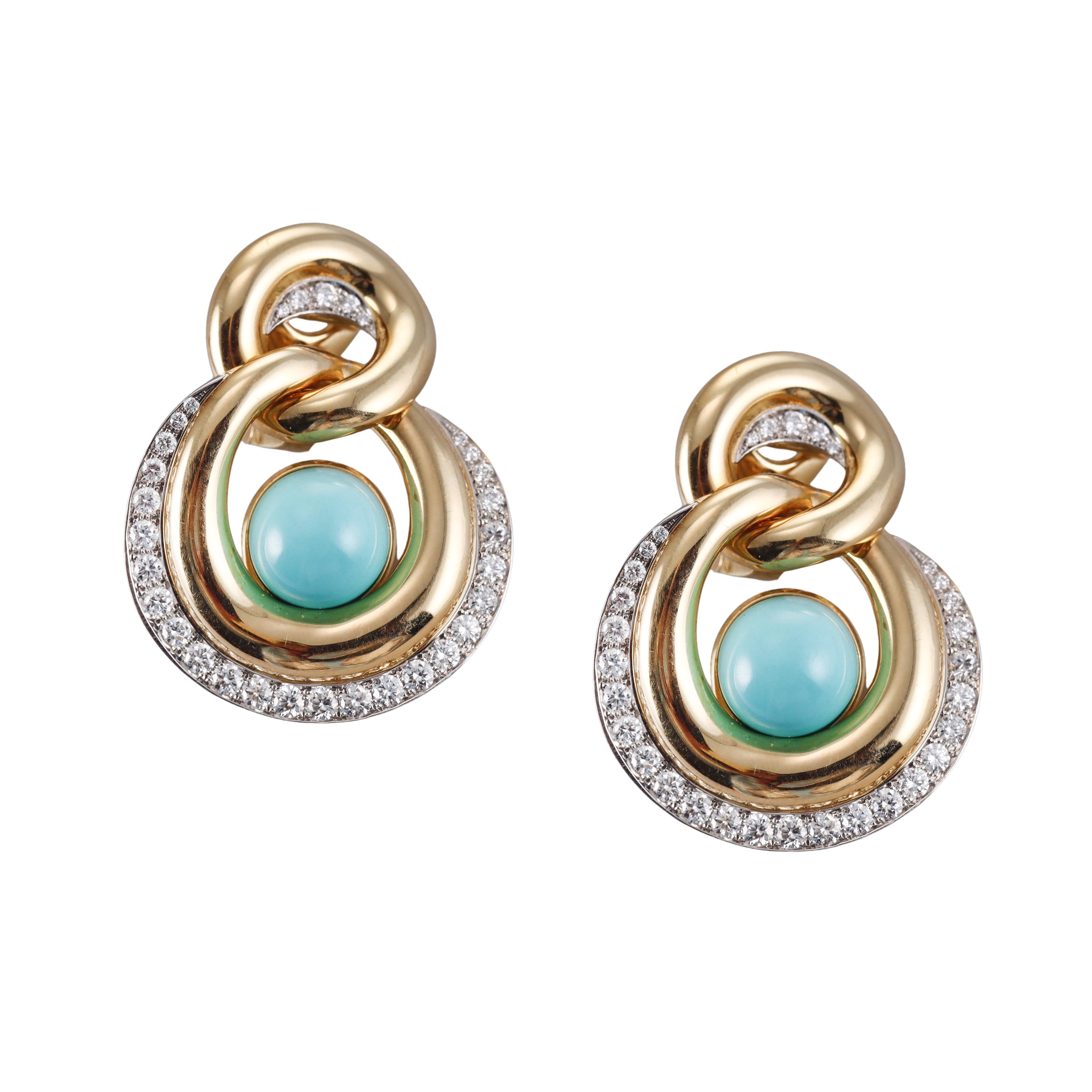 David Webb Turquoise Diamond Gold Platinum Oyster Earrings