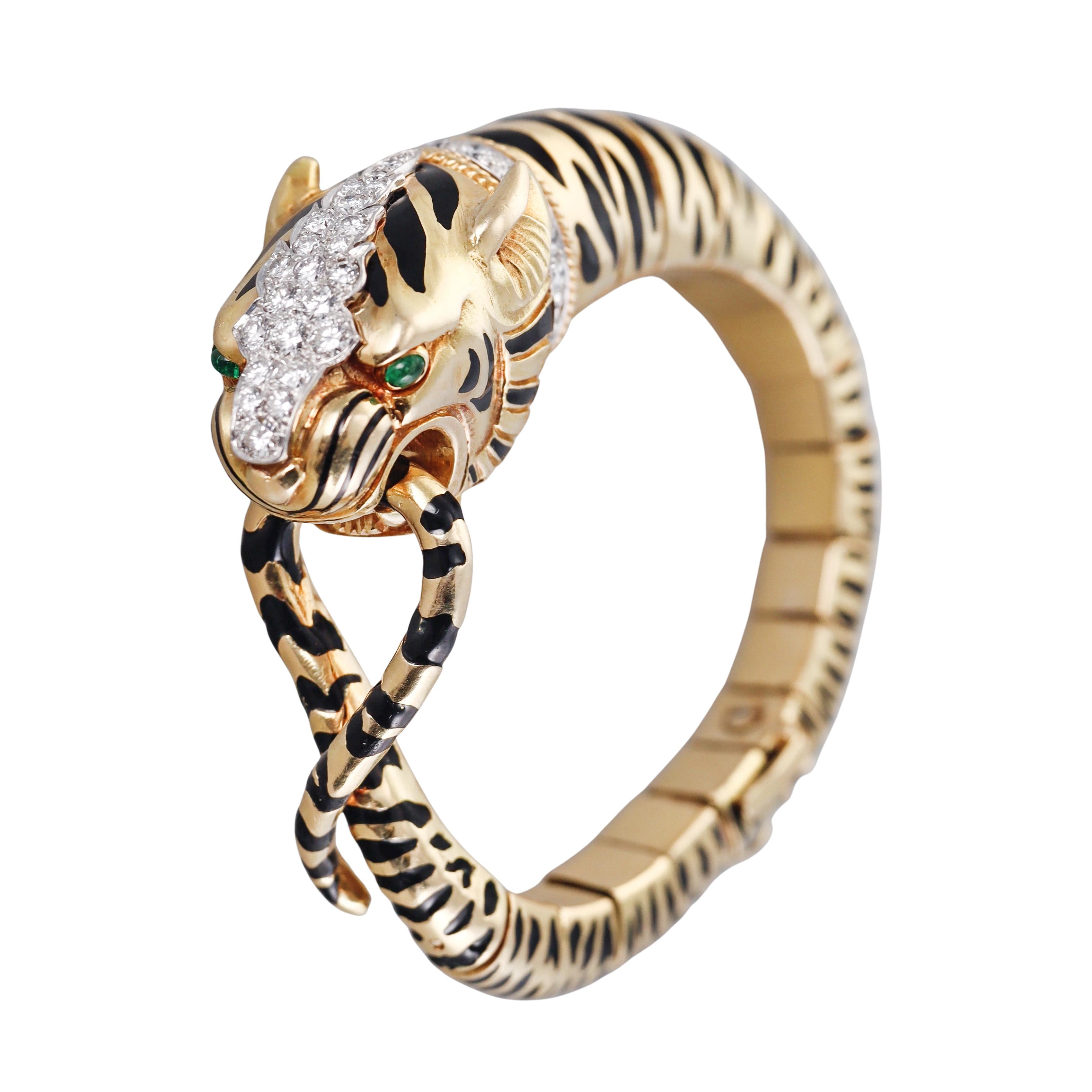 David Webb Diamond Emerald Gold Platinum Enamel Tiger Bracelet