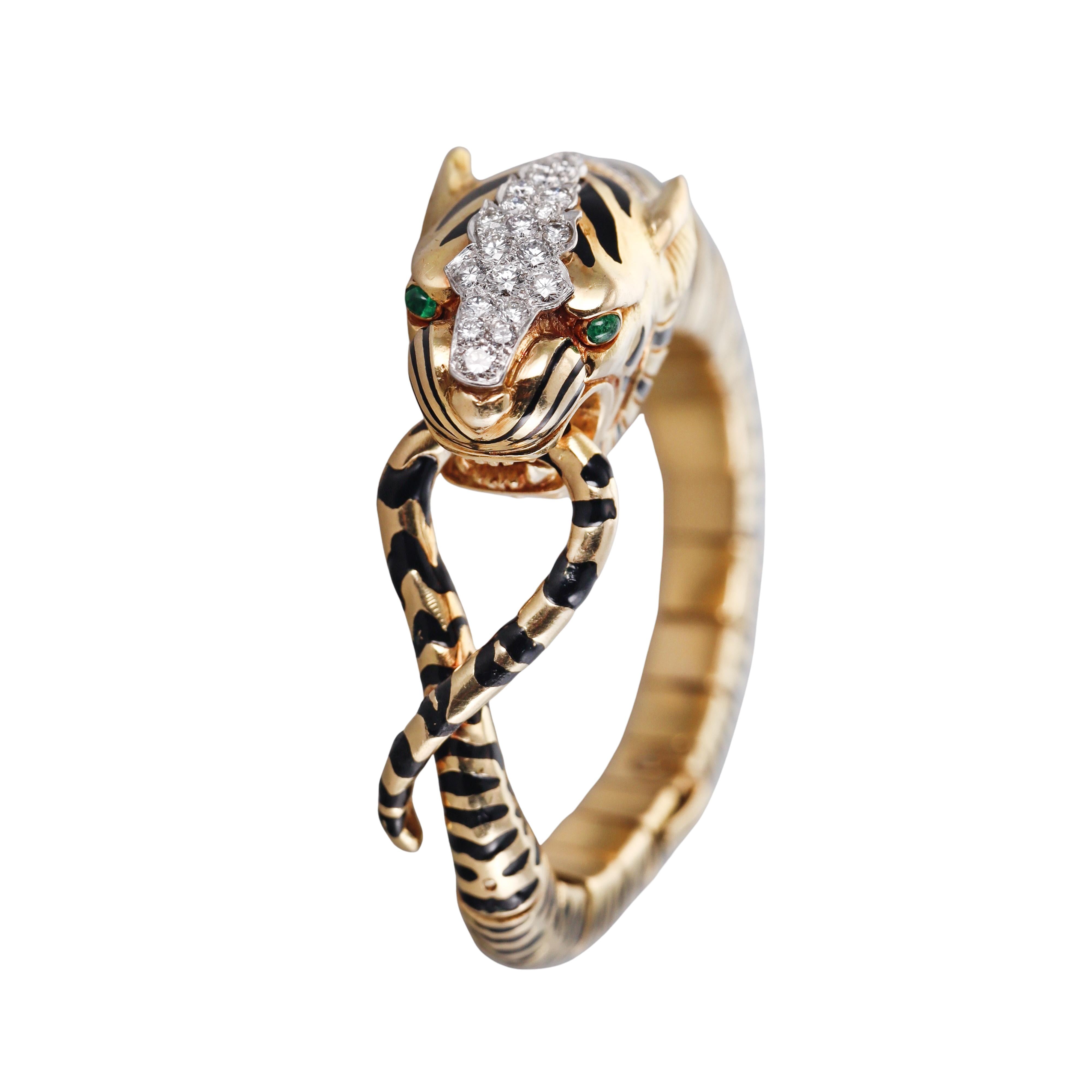 David Webb Diamond Emerald Gold Platinum Enamel Tiger Bracelet