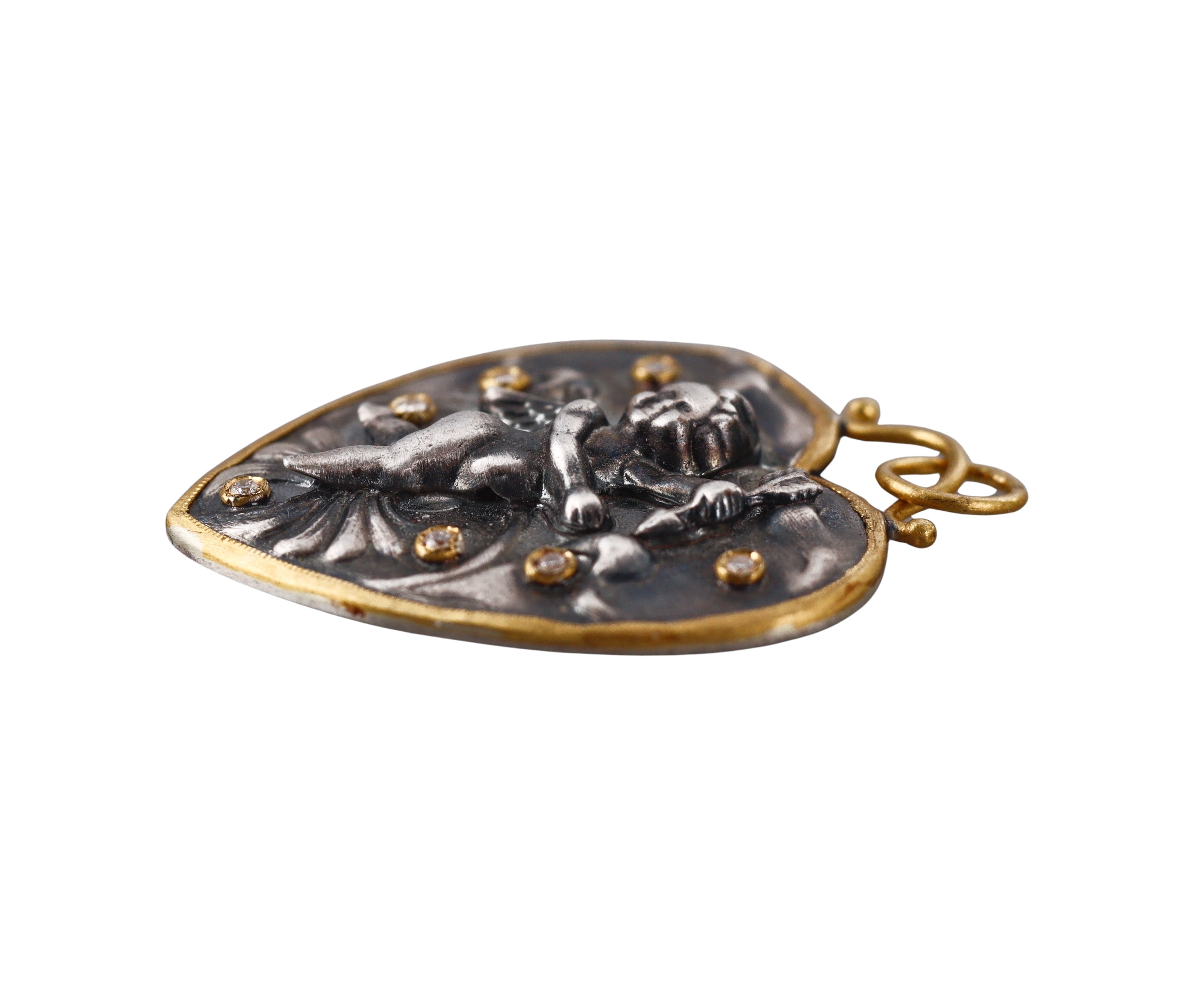 Ancient Inspired Gold Silver Diamond Cupid Heart Pendant