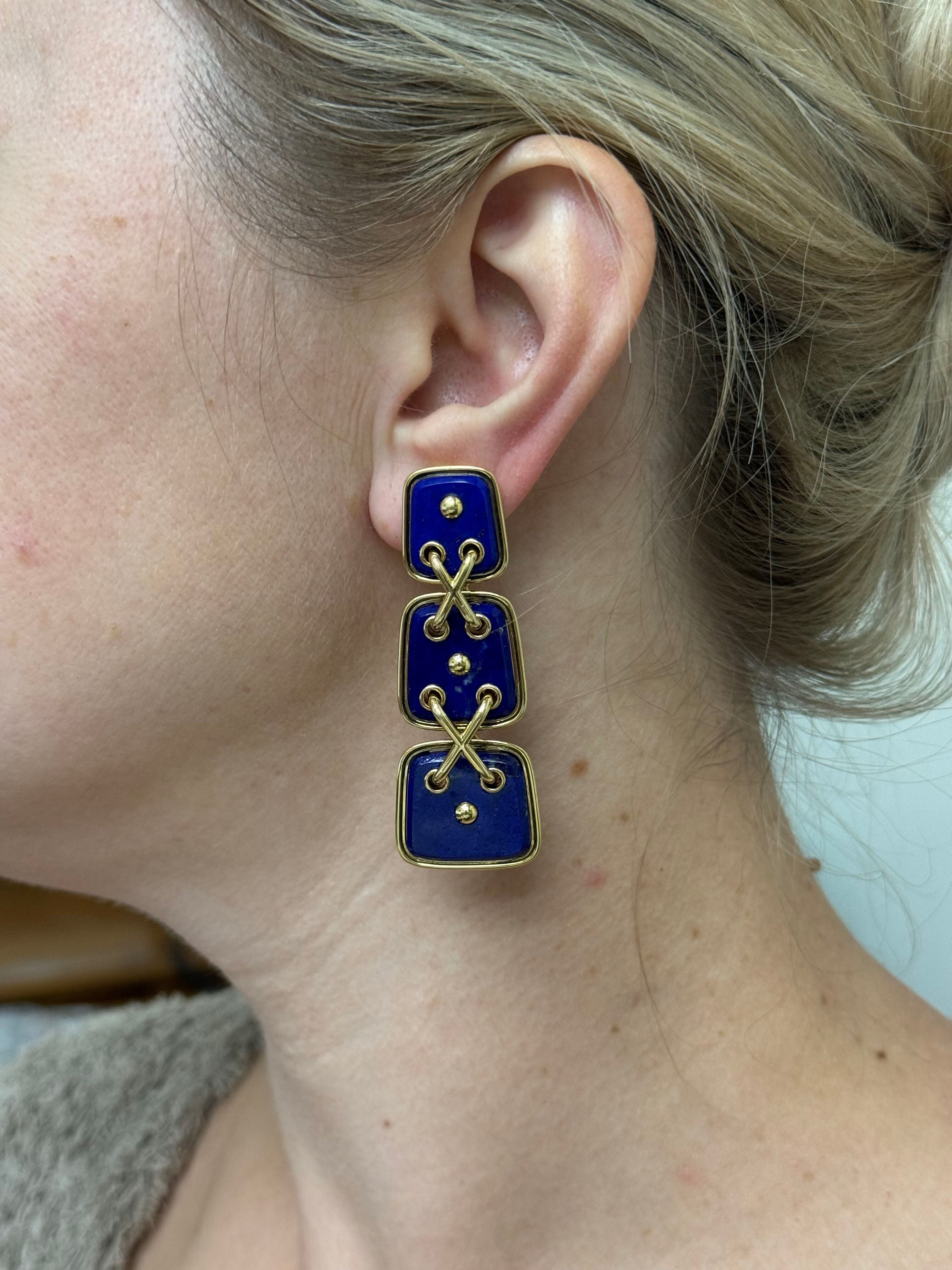 David Webb Lapis Gold Cross Stitch Earrings