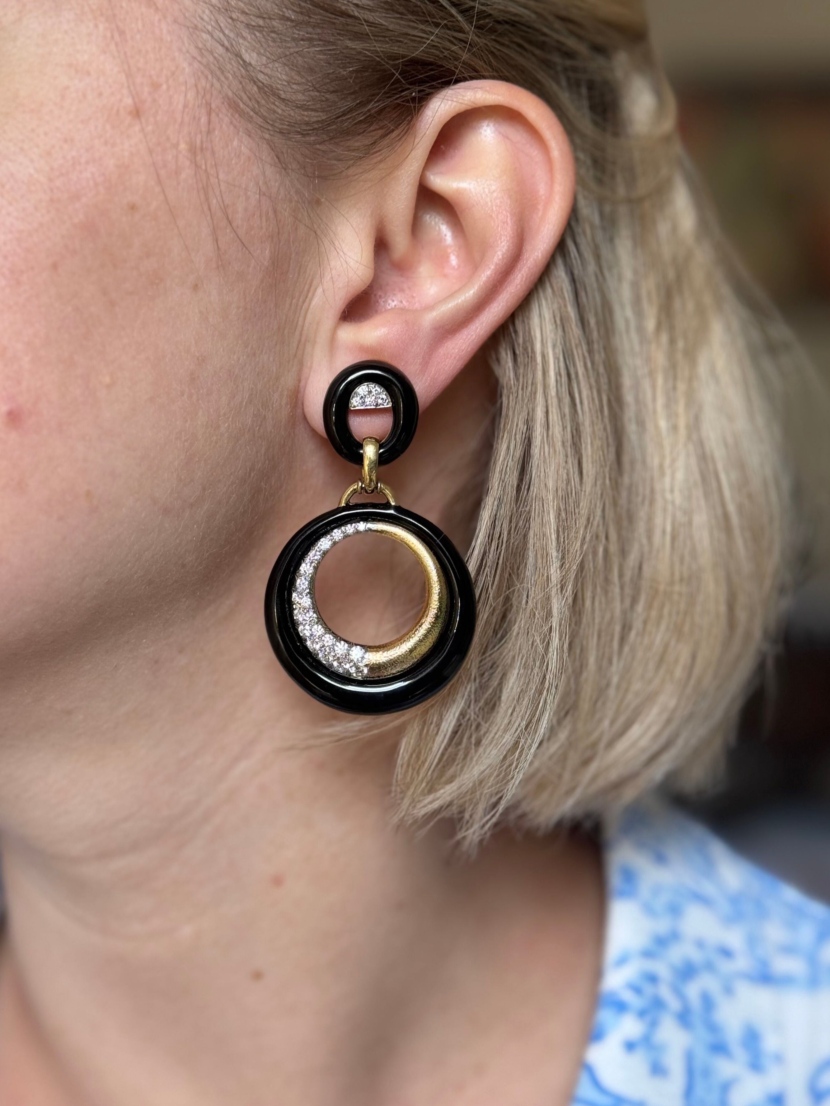 David Webb Luna Doorknocker Diamond Enamel Gold Platinum Earrings