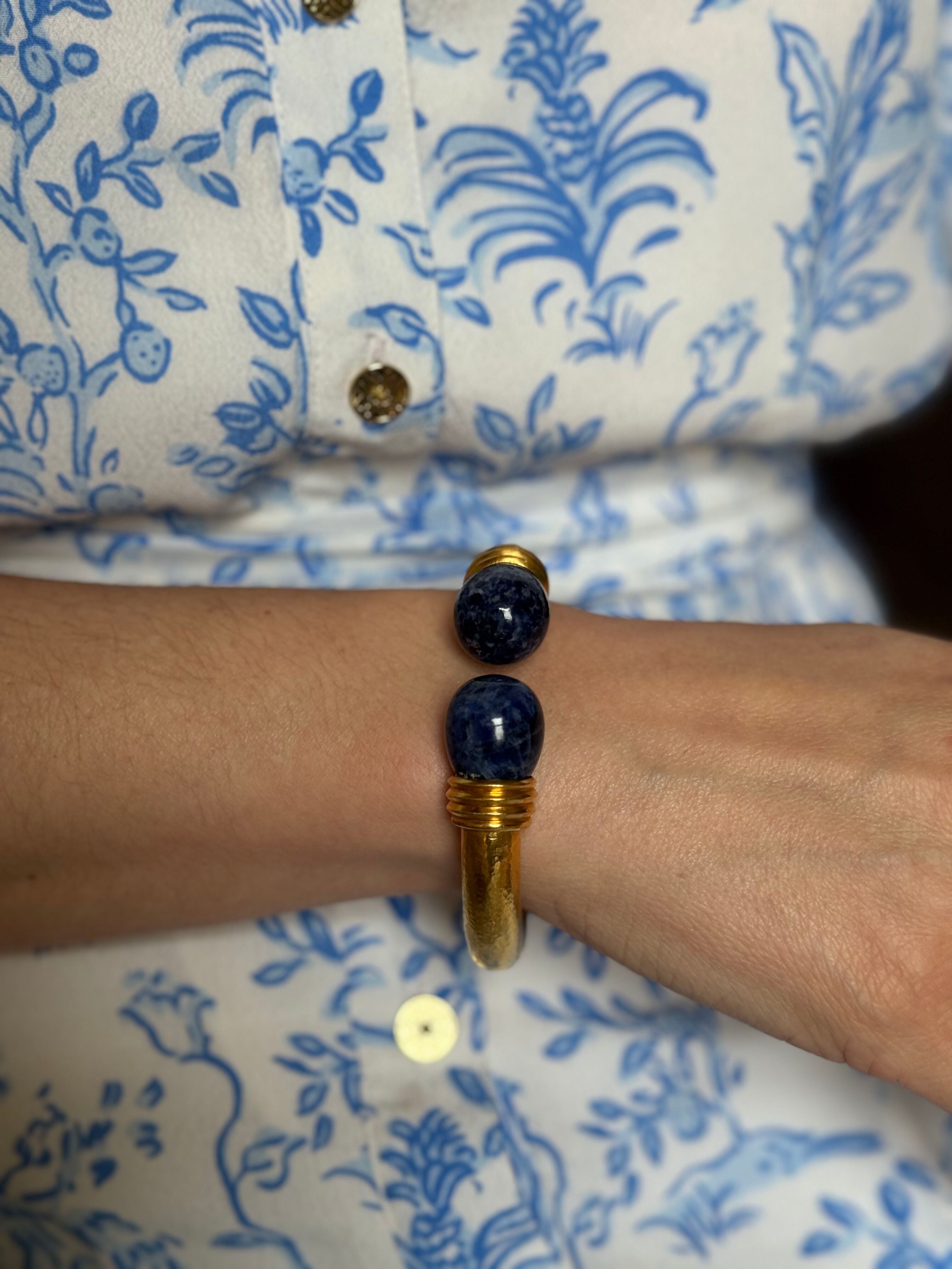 Lalaounis Greece Yellow Gold Sodalite Cuff Bracelet