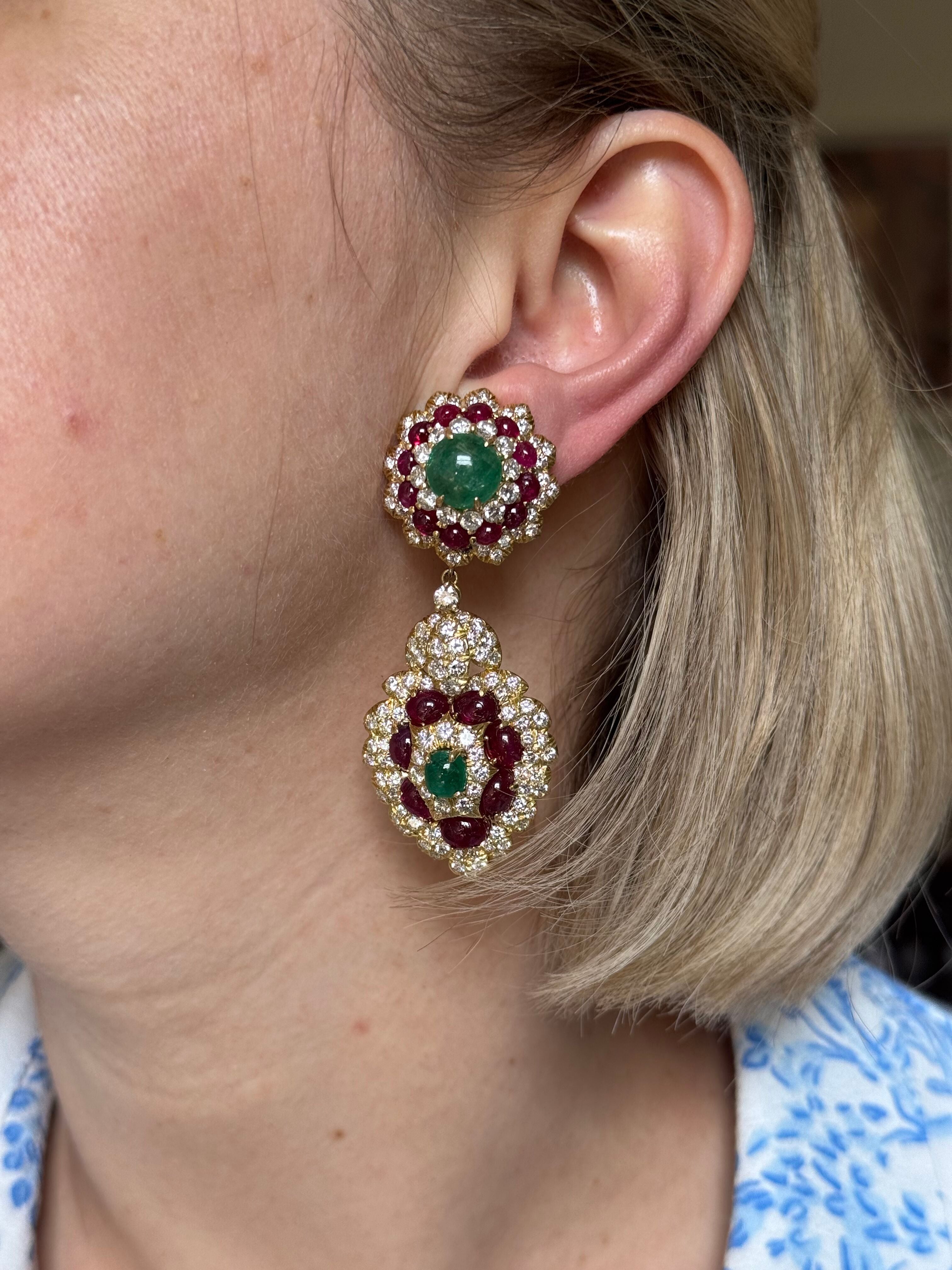 David Webb Diamond Ruby Emerald Gold Night & Day Earrings