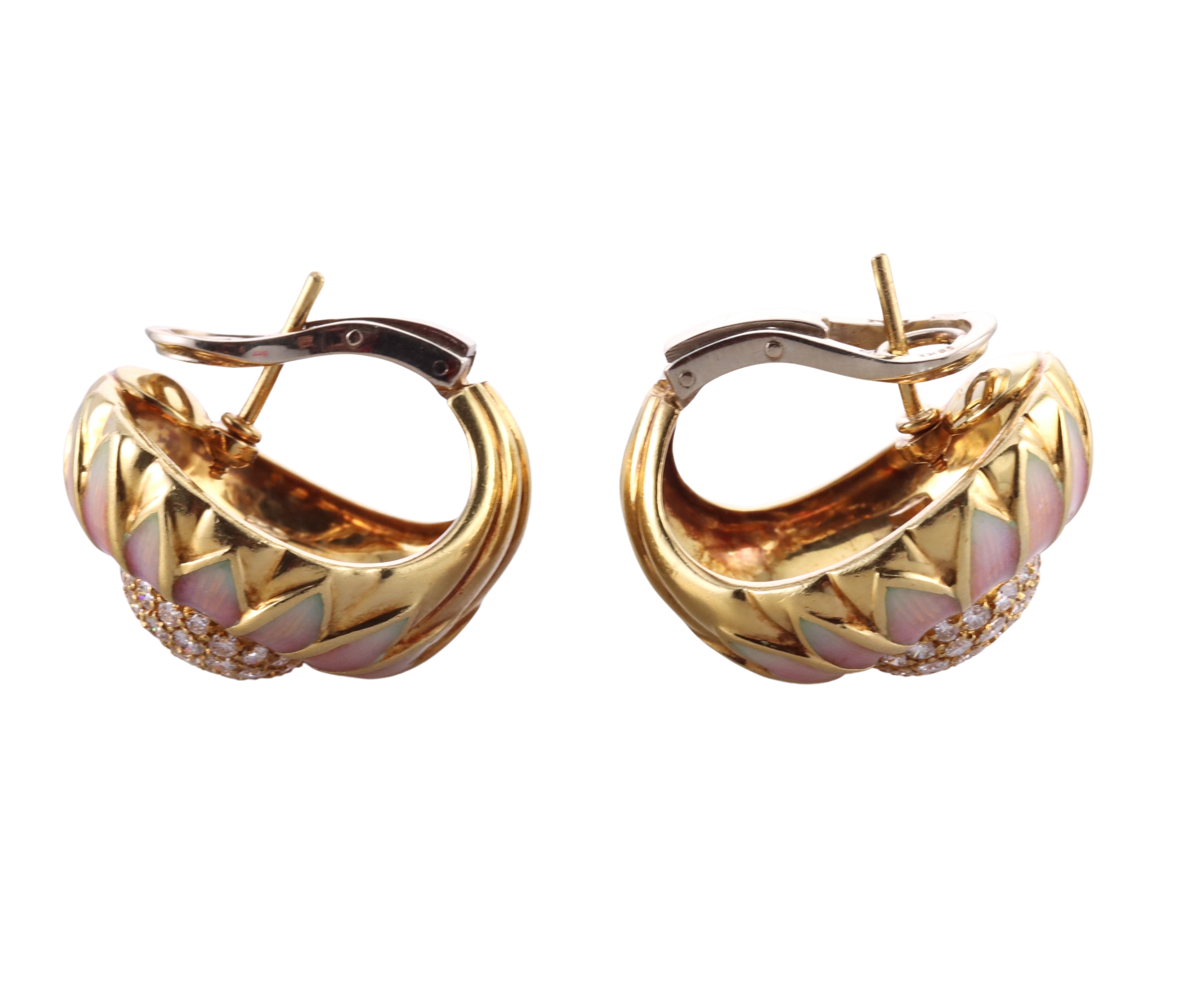 Italian 18k Gold Diamond Enamel Flower Earrings