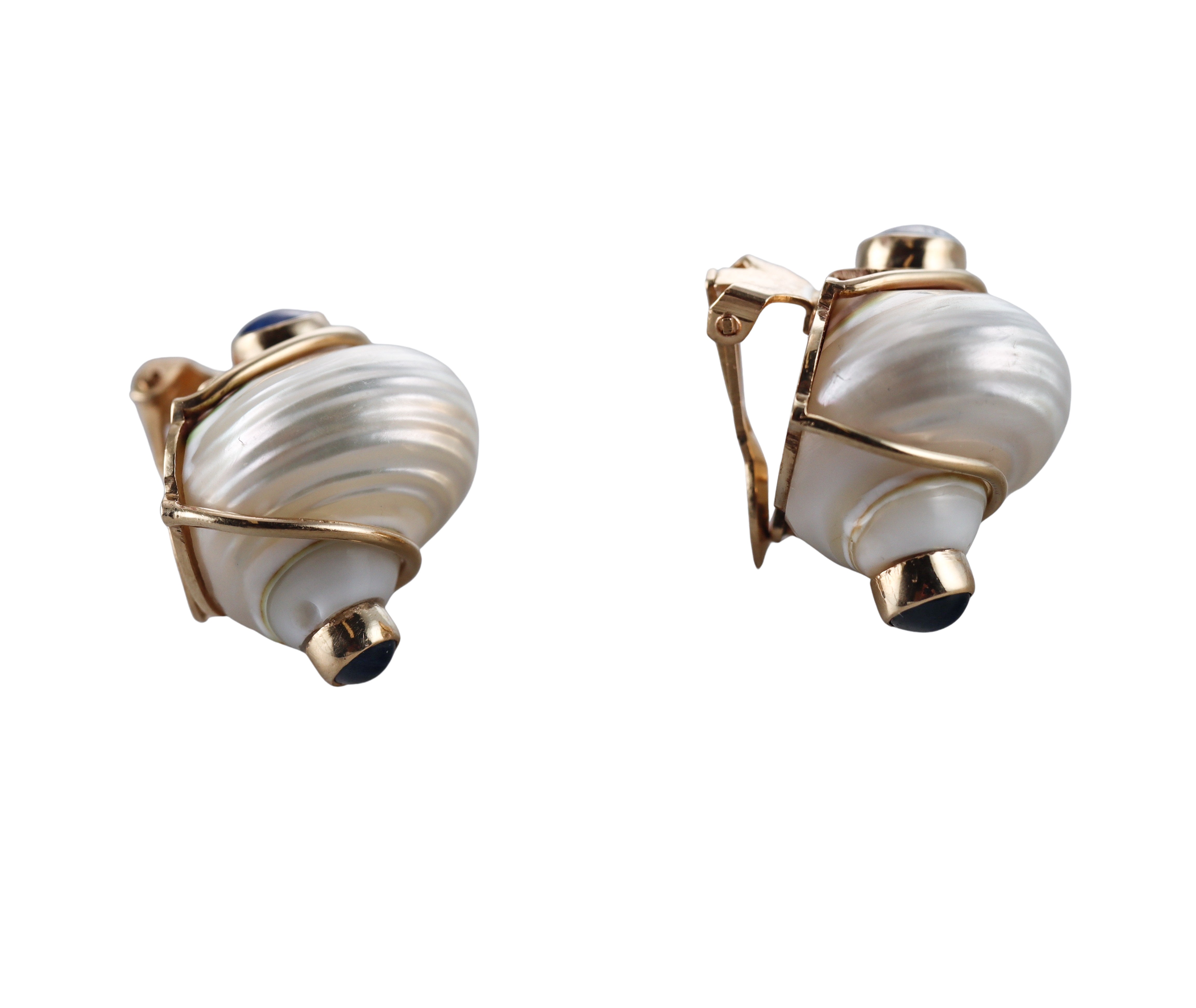 Seaman Schepps Vintage Sapphire Turbo Shell Gold Earrings