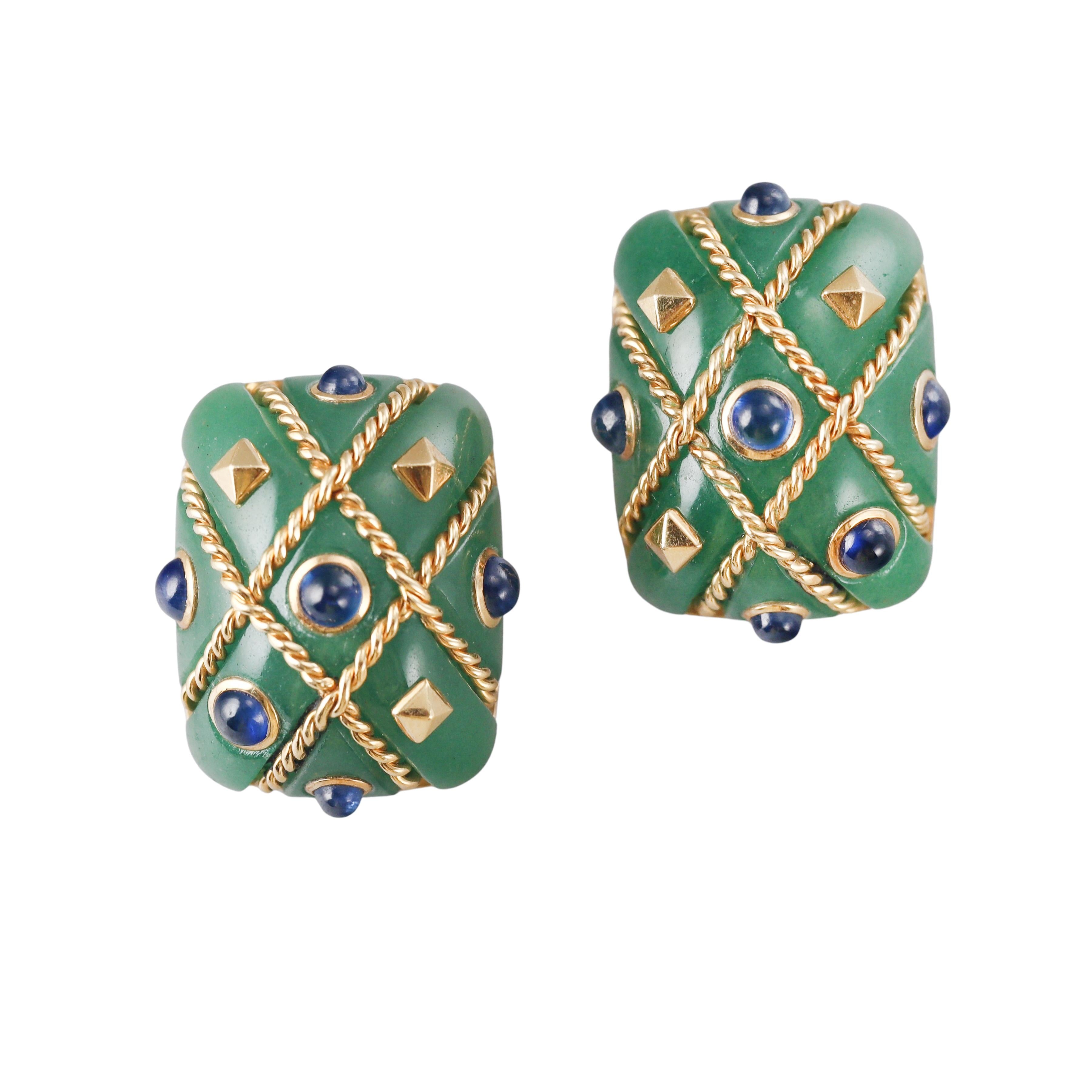 Seaman Schepps Aventurine Sapphire Gold Cage Earrings