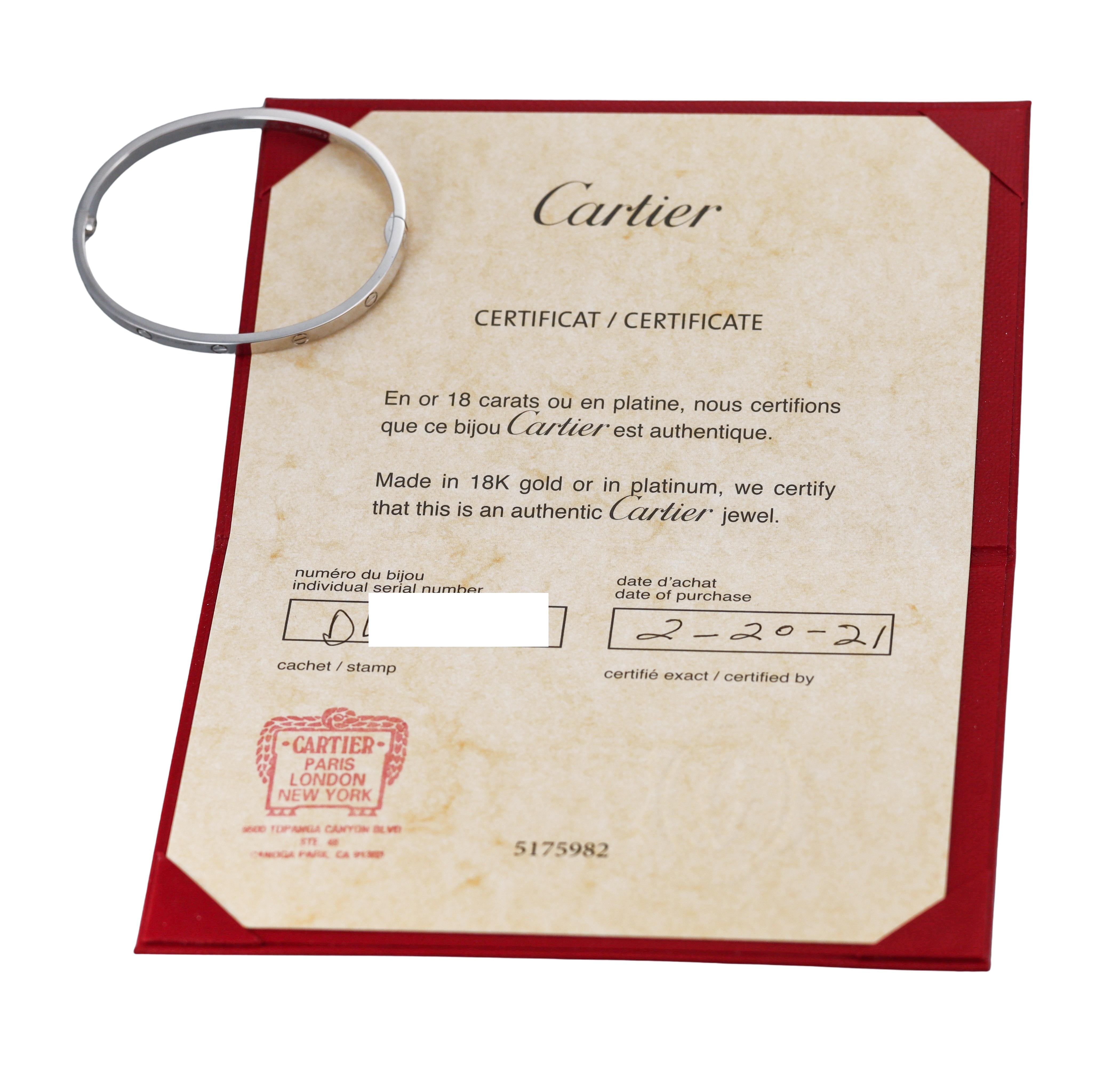 Cartier Love Small Model White Gold Bracelet Size 15