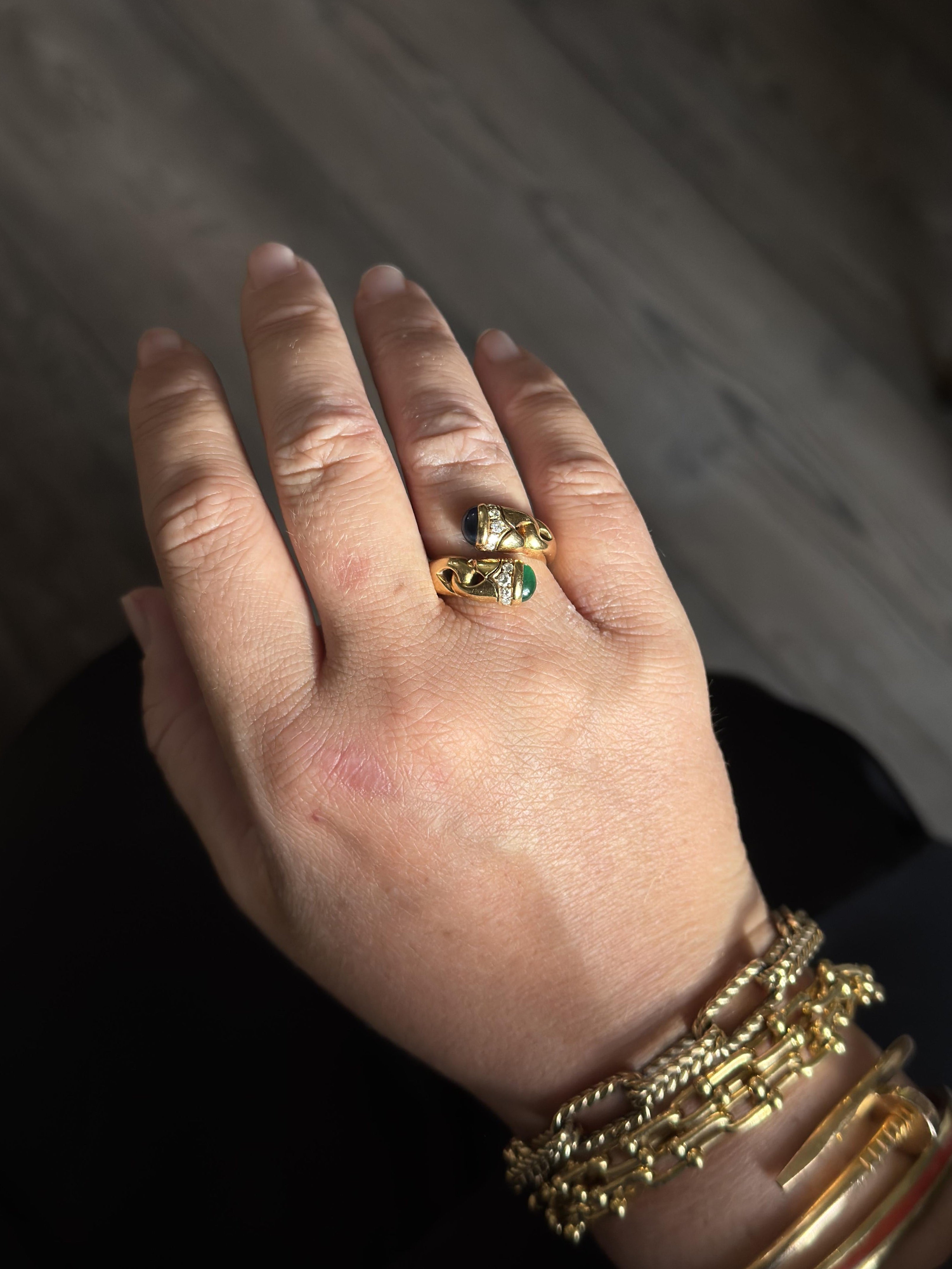 Bulgari Roma Doppio Emerald Sapphire Diamond Gold Bypass Ring