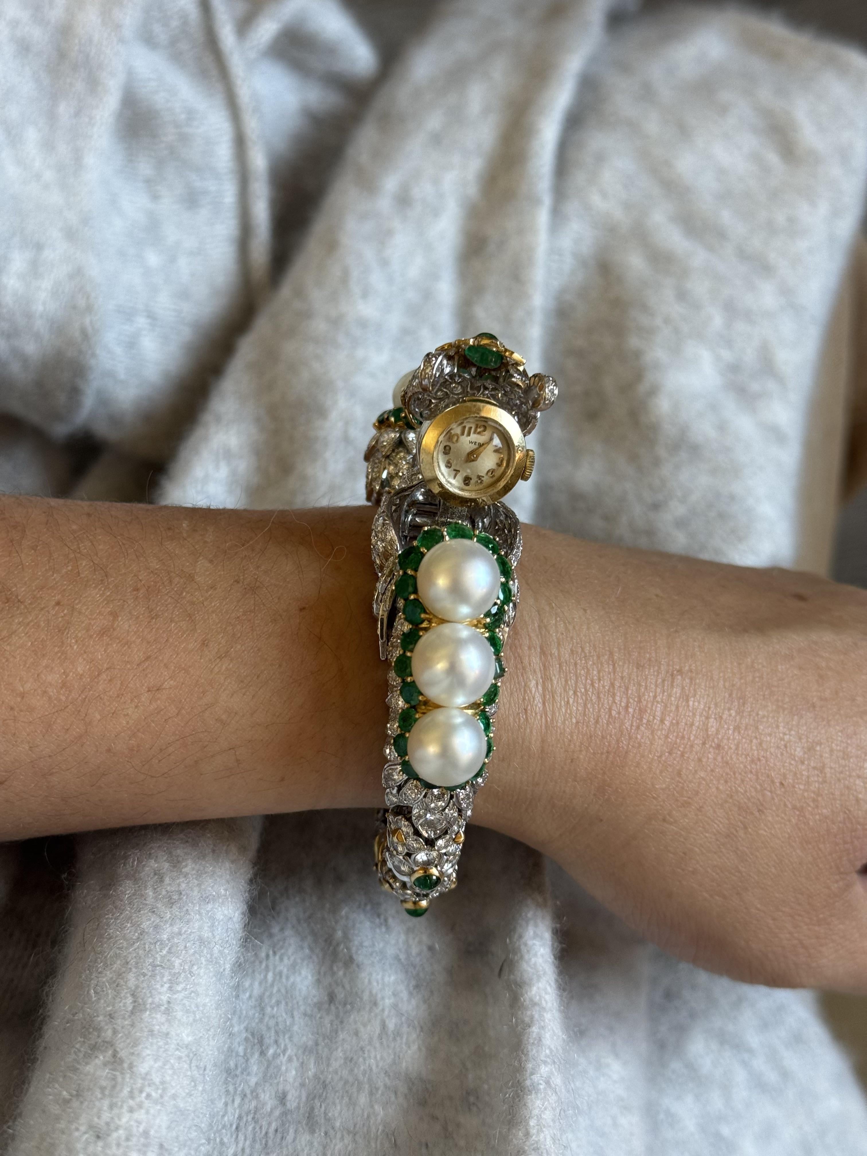 David Webb 27 Carat Diamond Emerald Pearl Gold Platinum Panther Bracelet Watch