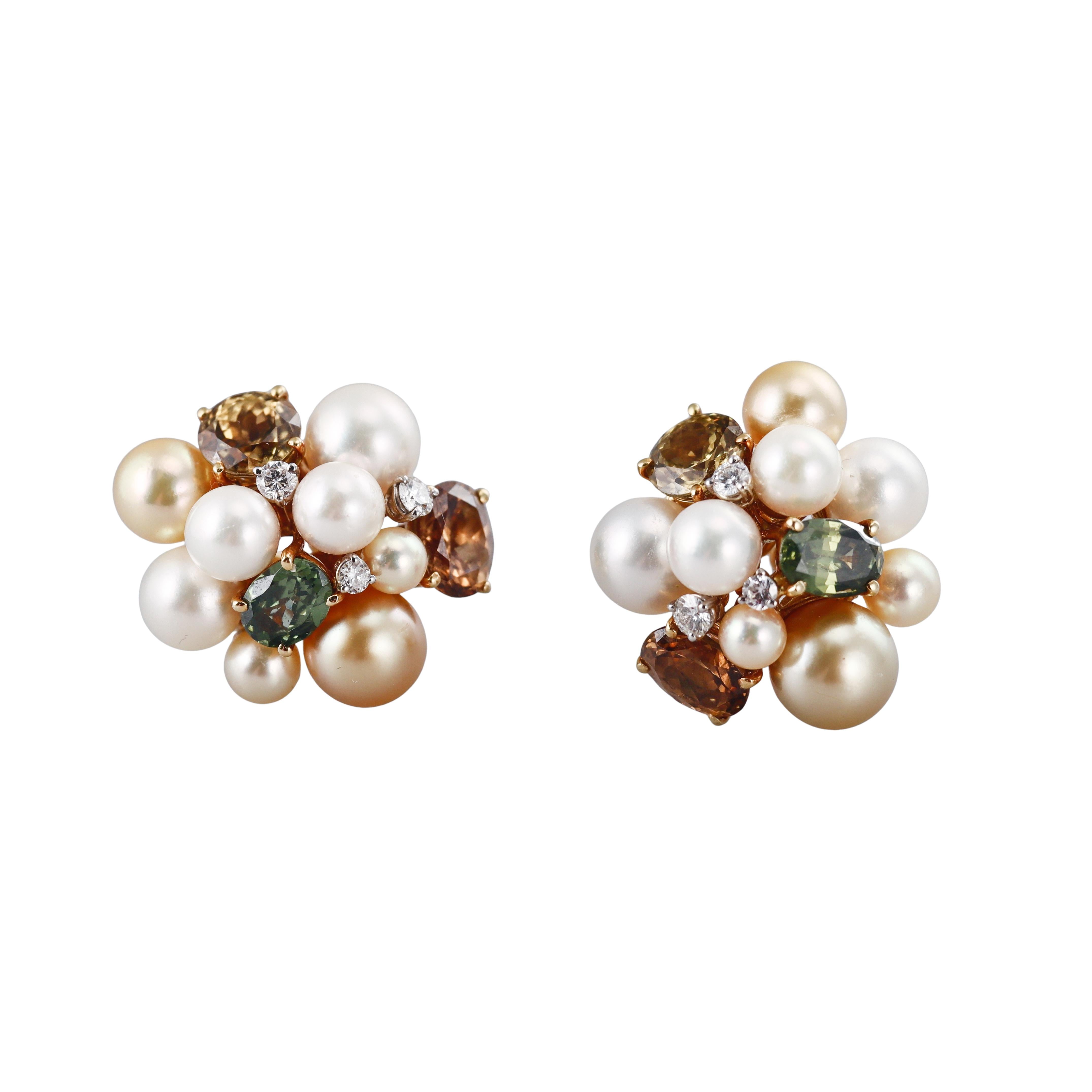 Seaman Schepps Large Bubble Tourmaline Pearl Diamond Citrine Gold Earrings