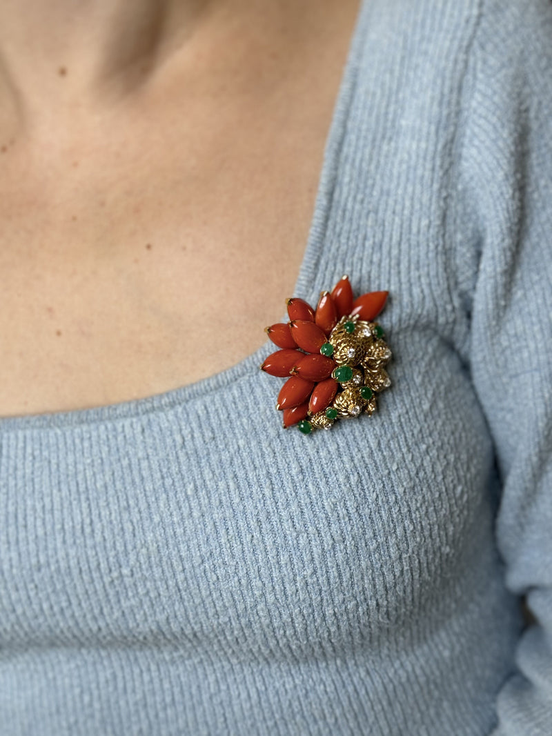 1970s Coral Emerald Diamond Gold Earrings Brooch Set
