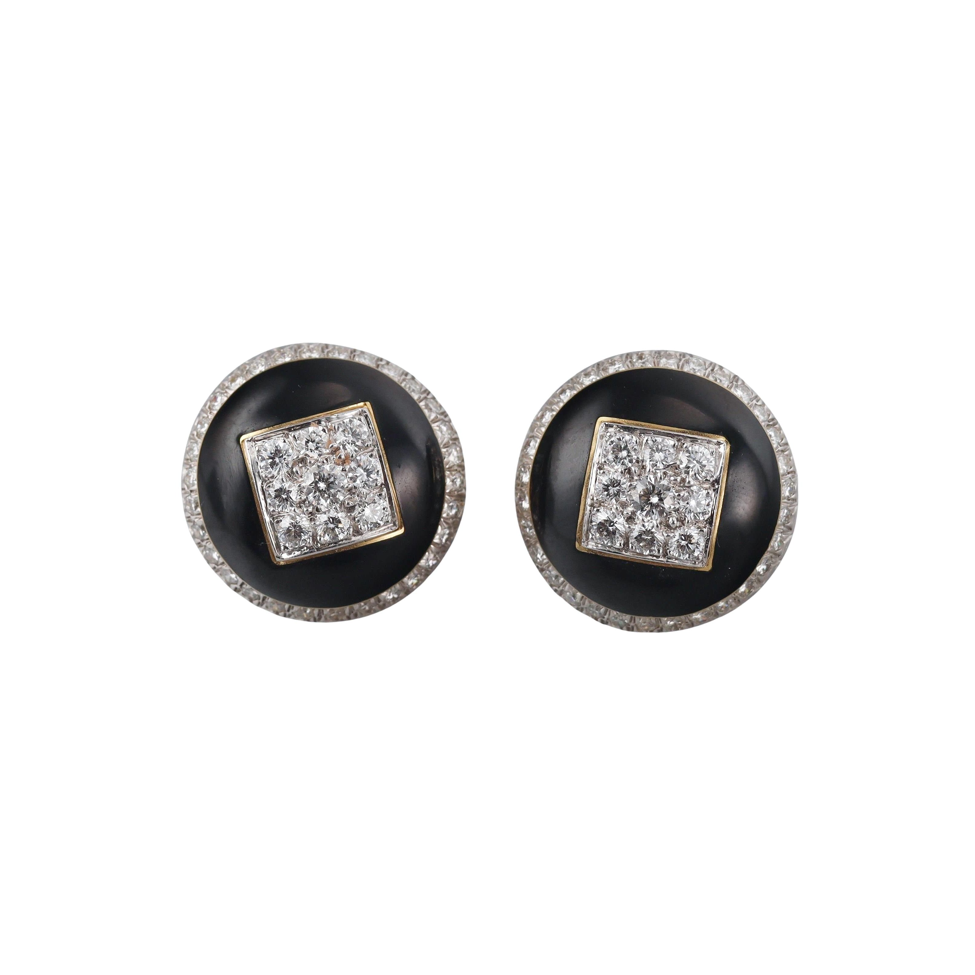 David Webb Diamond Enamel Gold Platinum Button Earrings