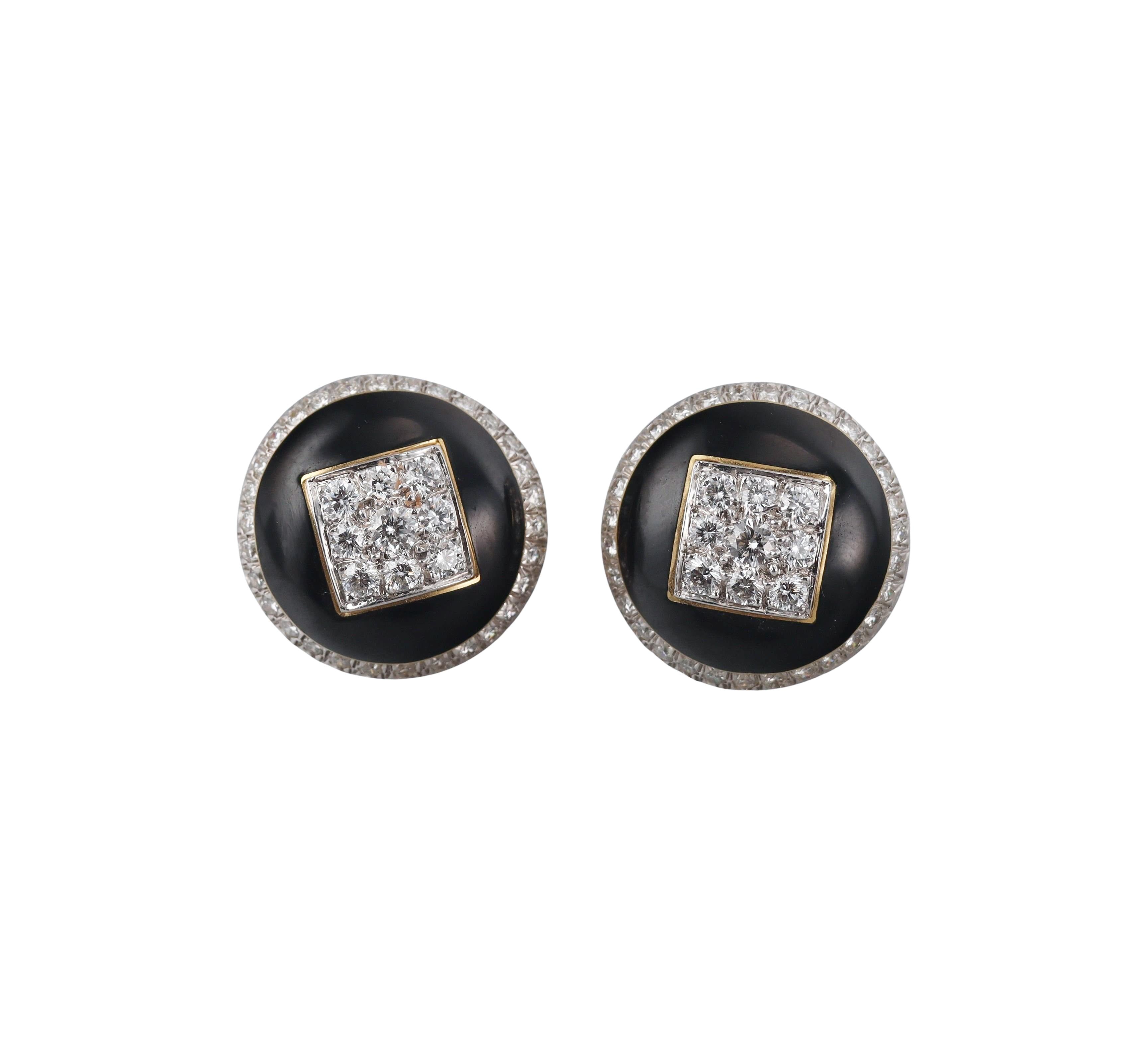 David Webb Diamond Enamel Gold Platinum Button Earrings