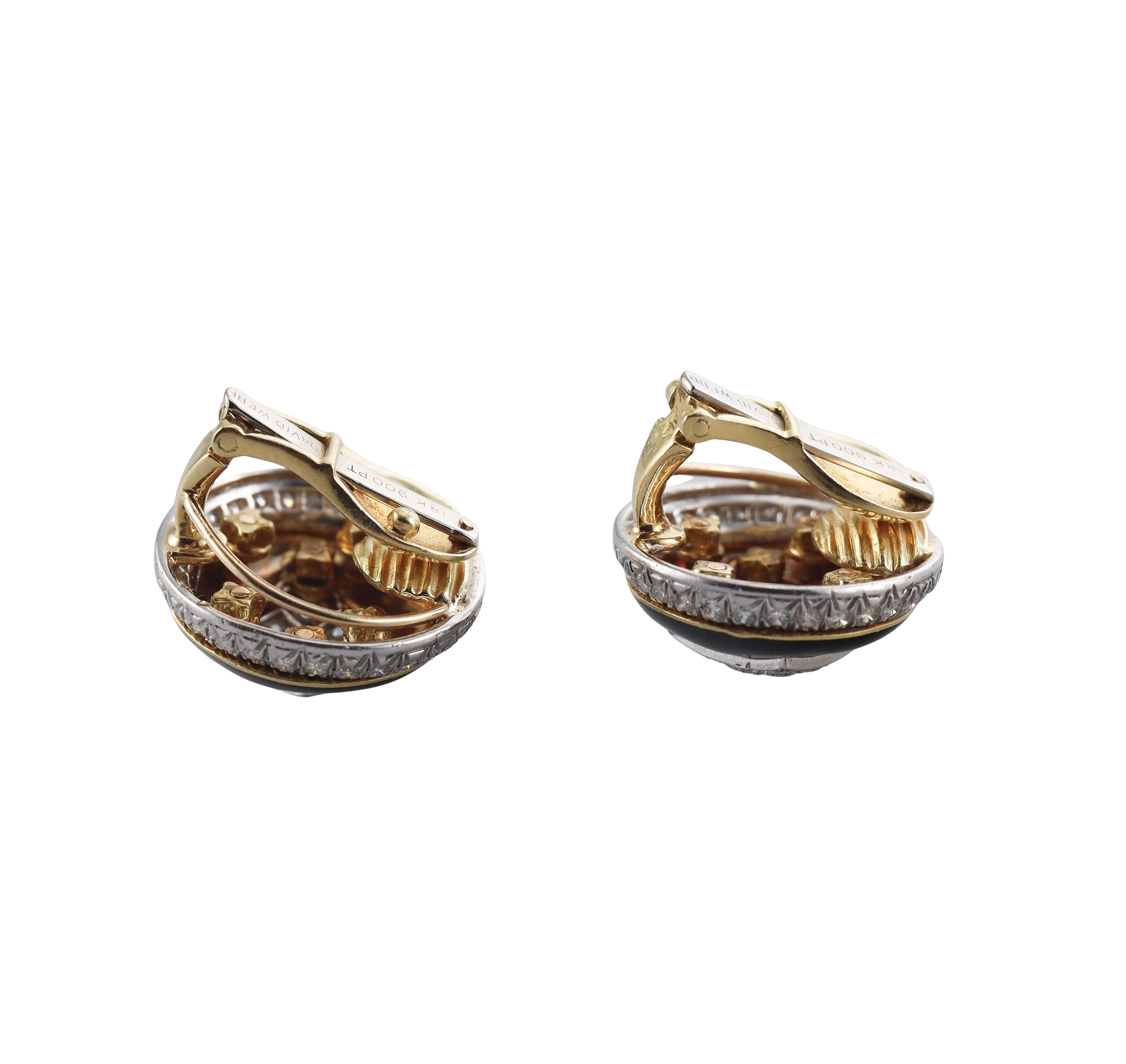 David Webb Diamond Enamel Gold Platinum Button Earrings