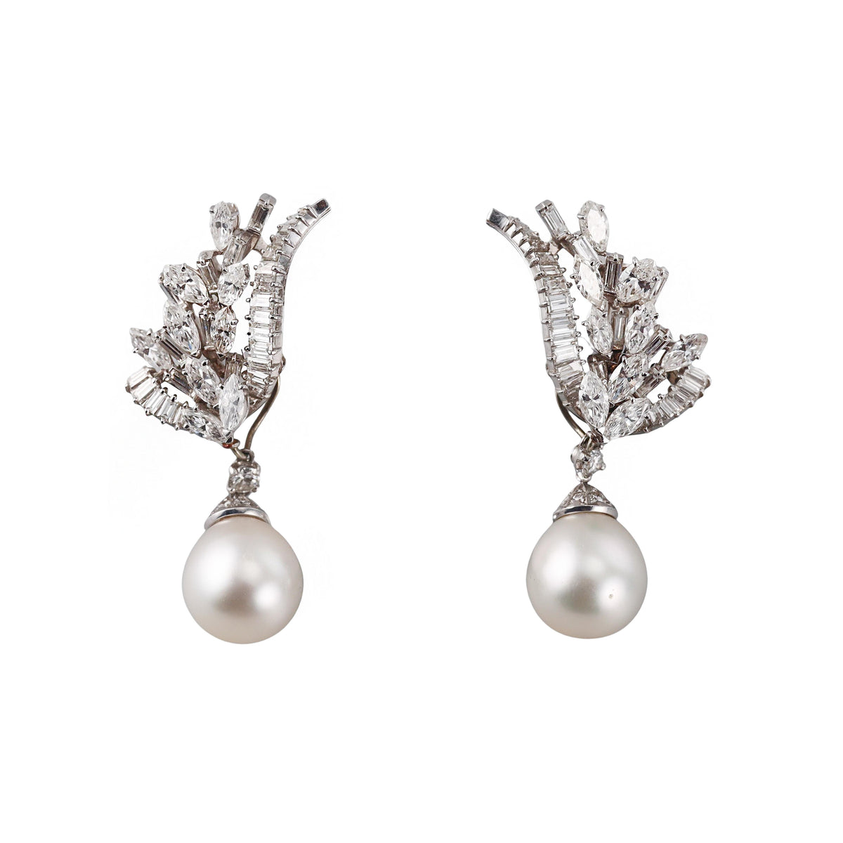 French Mid Century Diamond Pearl Platinum Night & Day Earrings