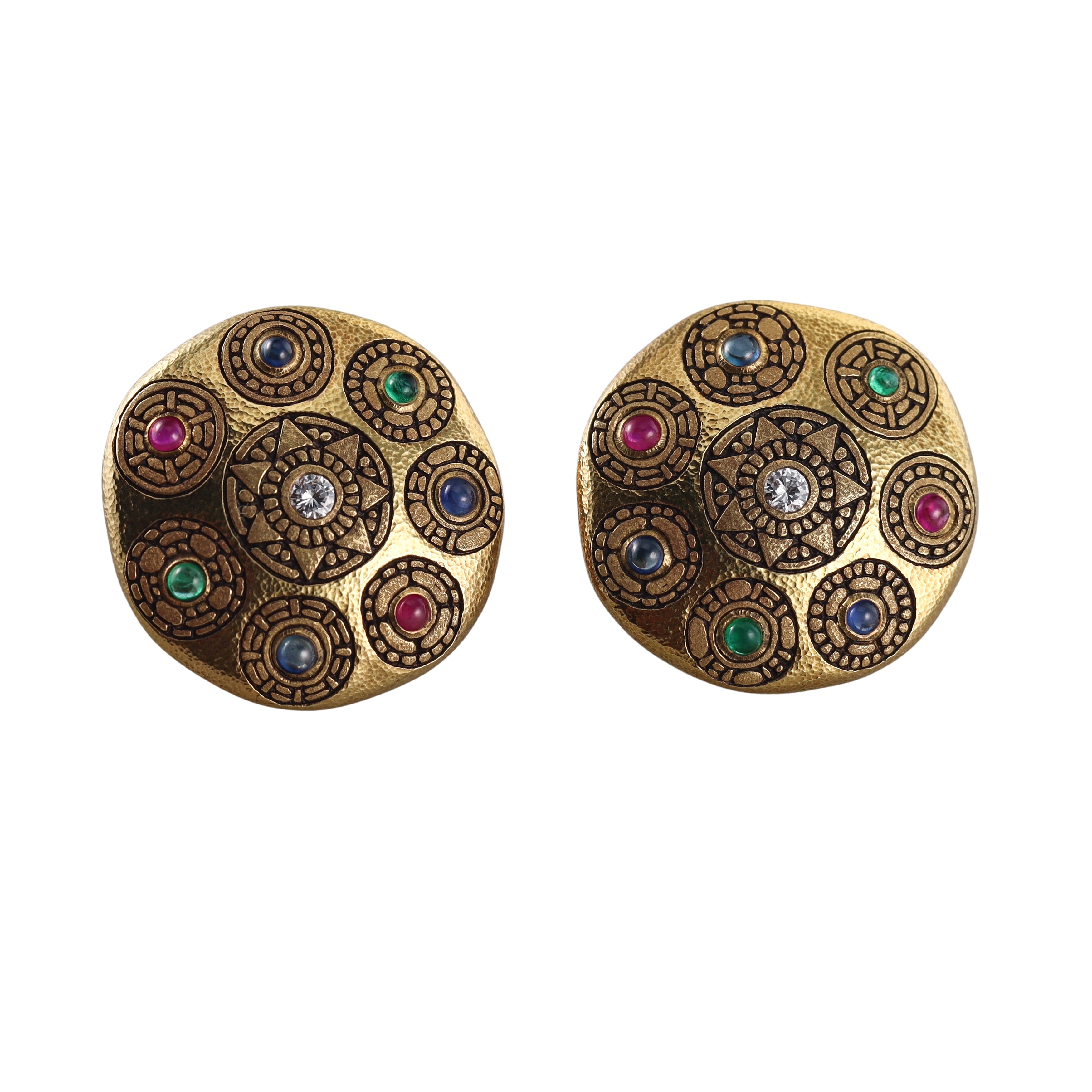 Alex Sepkus Aztec Ruby Emerald Sapphire Diamond Gold Earrings