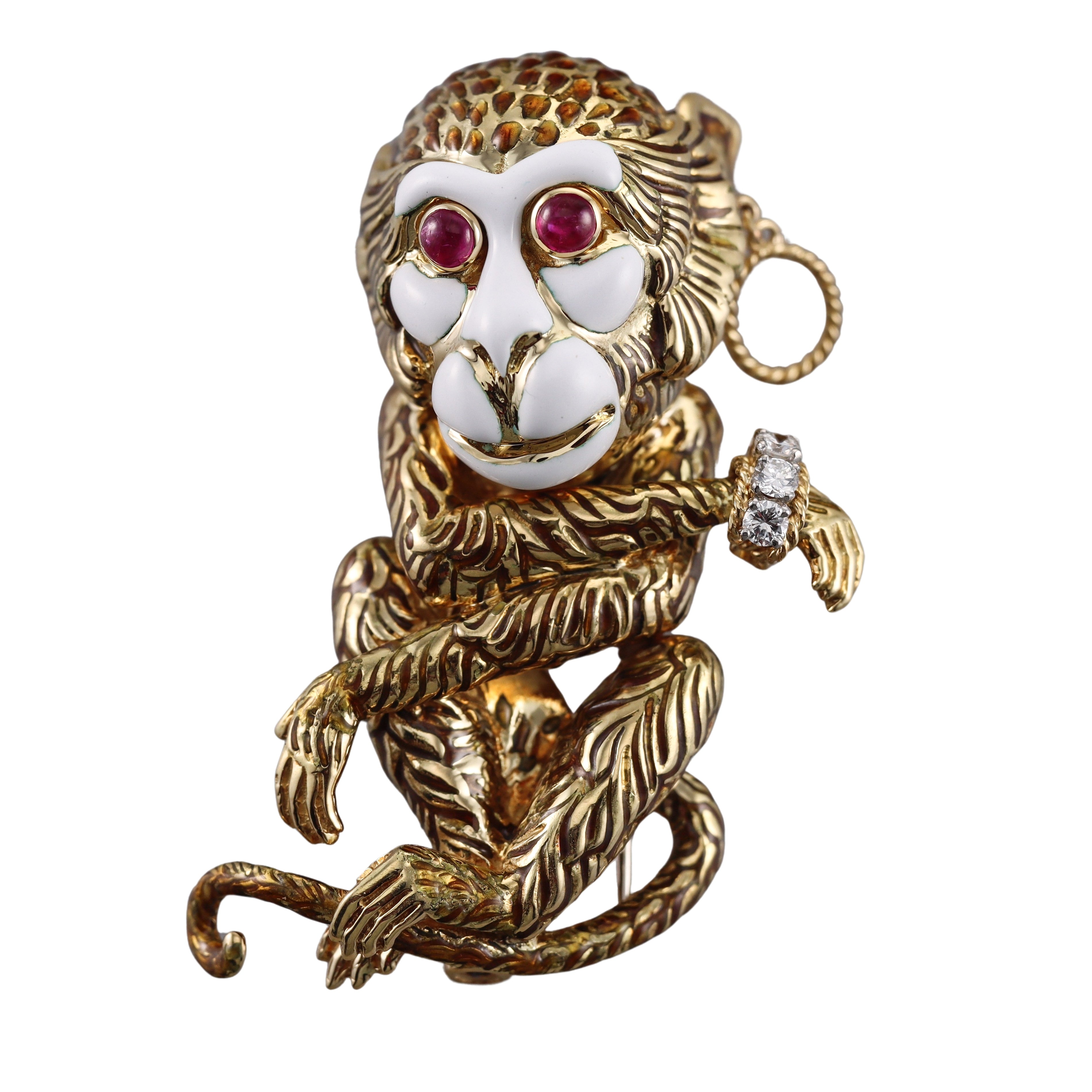 David Webb Diamond Ruby Enamel Gold Platinum Gypsy Monkey Brooch Pin