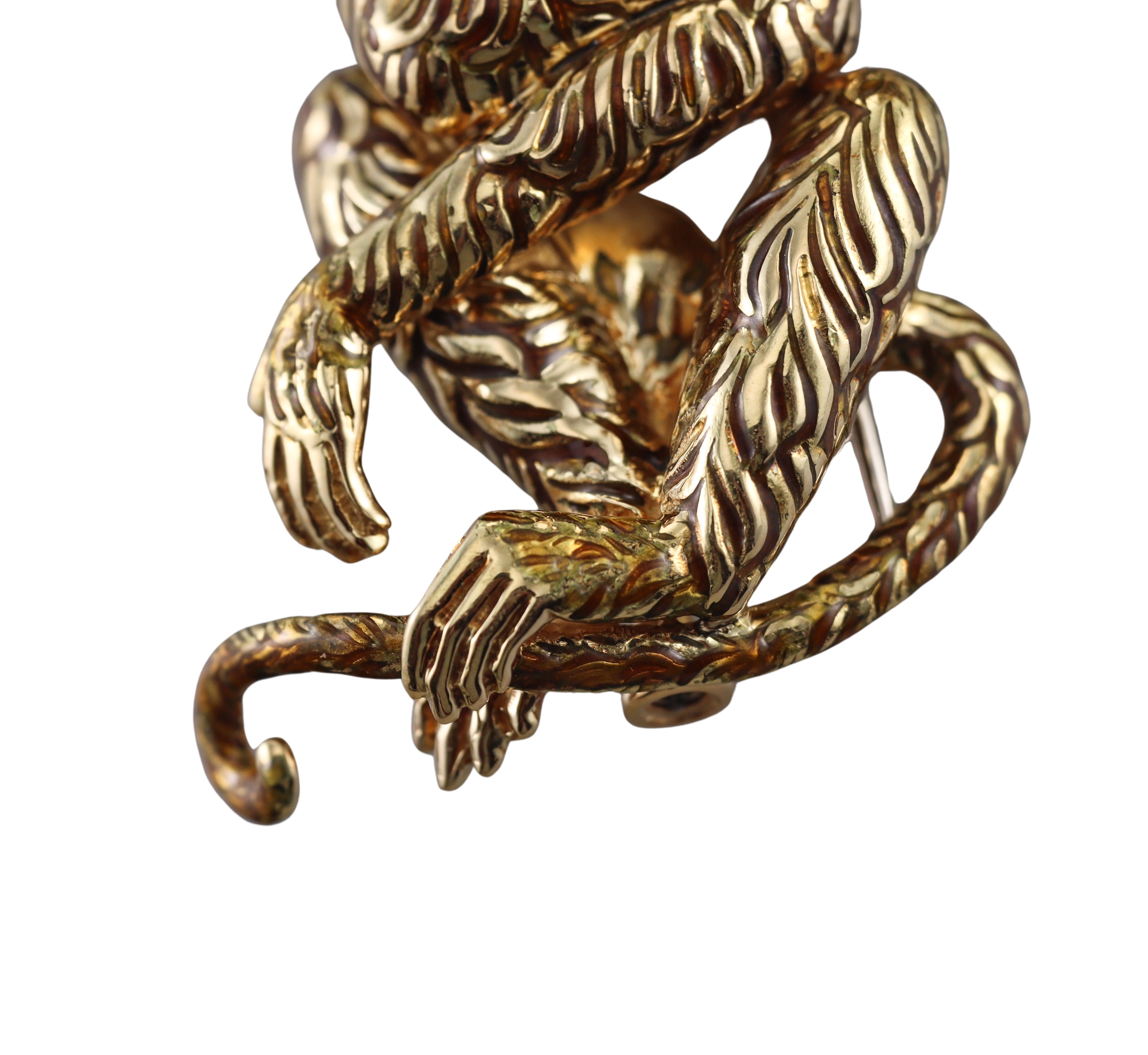 David Webb Diamond Ruby Enamel Gold Platinum Gypsy Monkey Brooch Pin