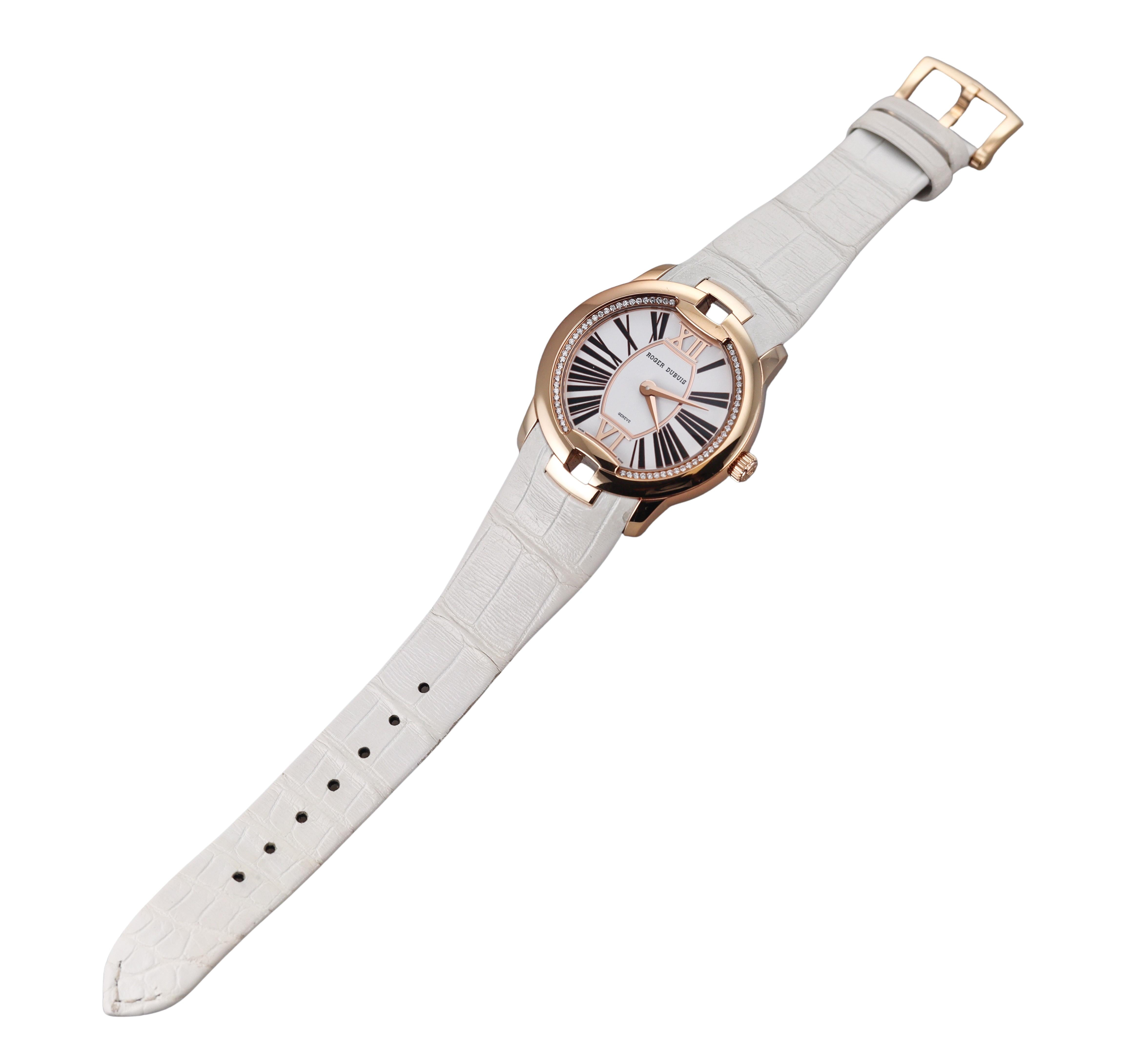 Roger Dubuis Velvet Rose Gold Diamond White Leather Strap Watch DBVE0069