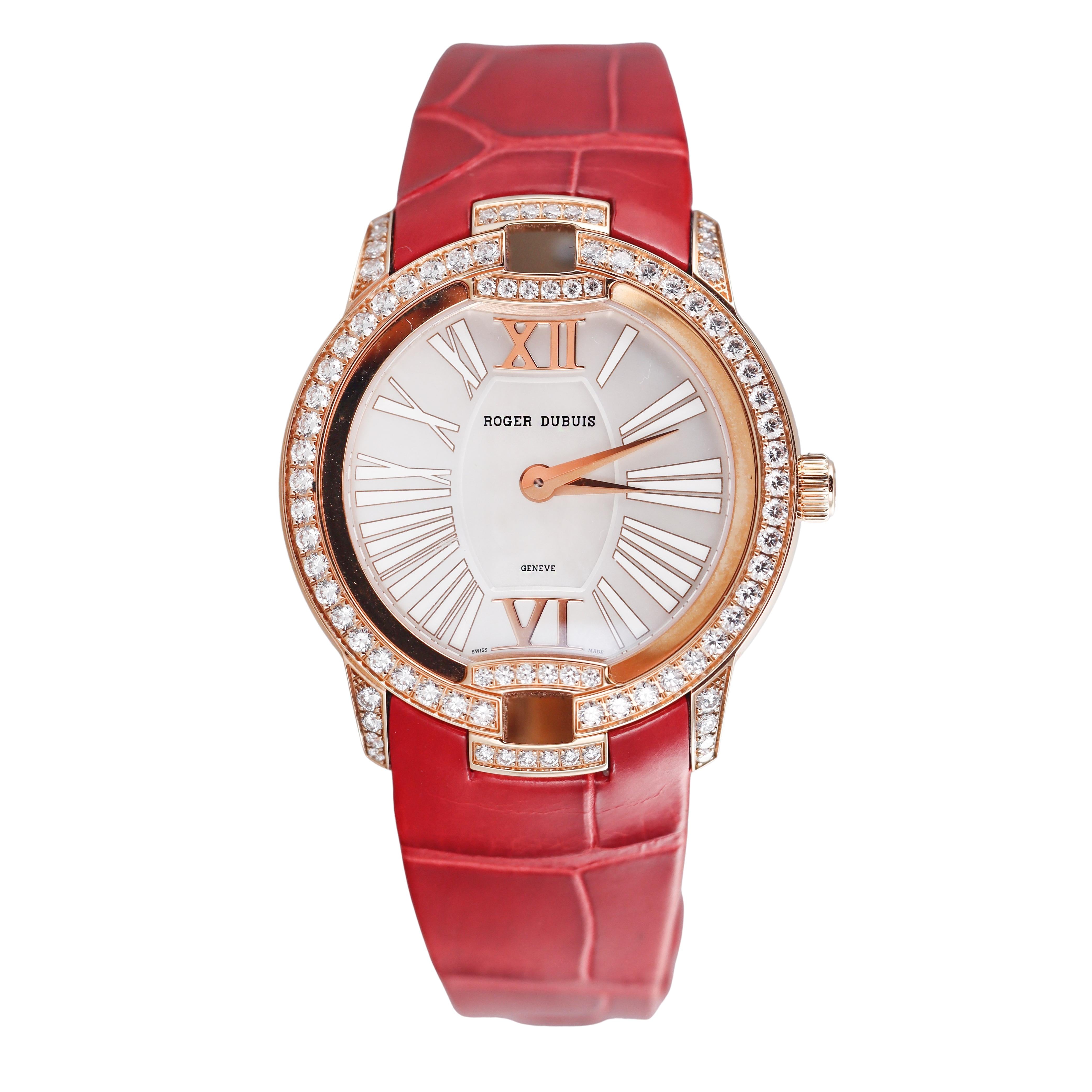 Roger Dubuis Velvet Rose Gold Diamond Red Leather Strap Watch DBVE0073