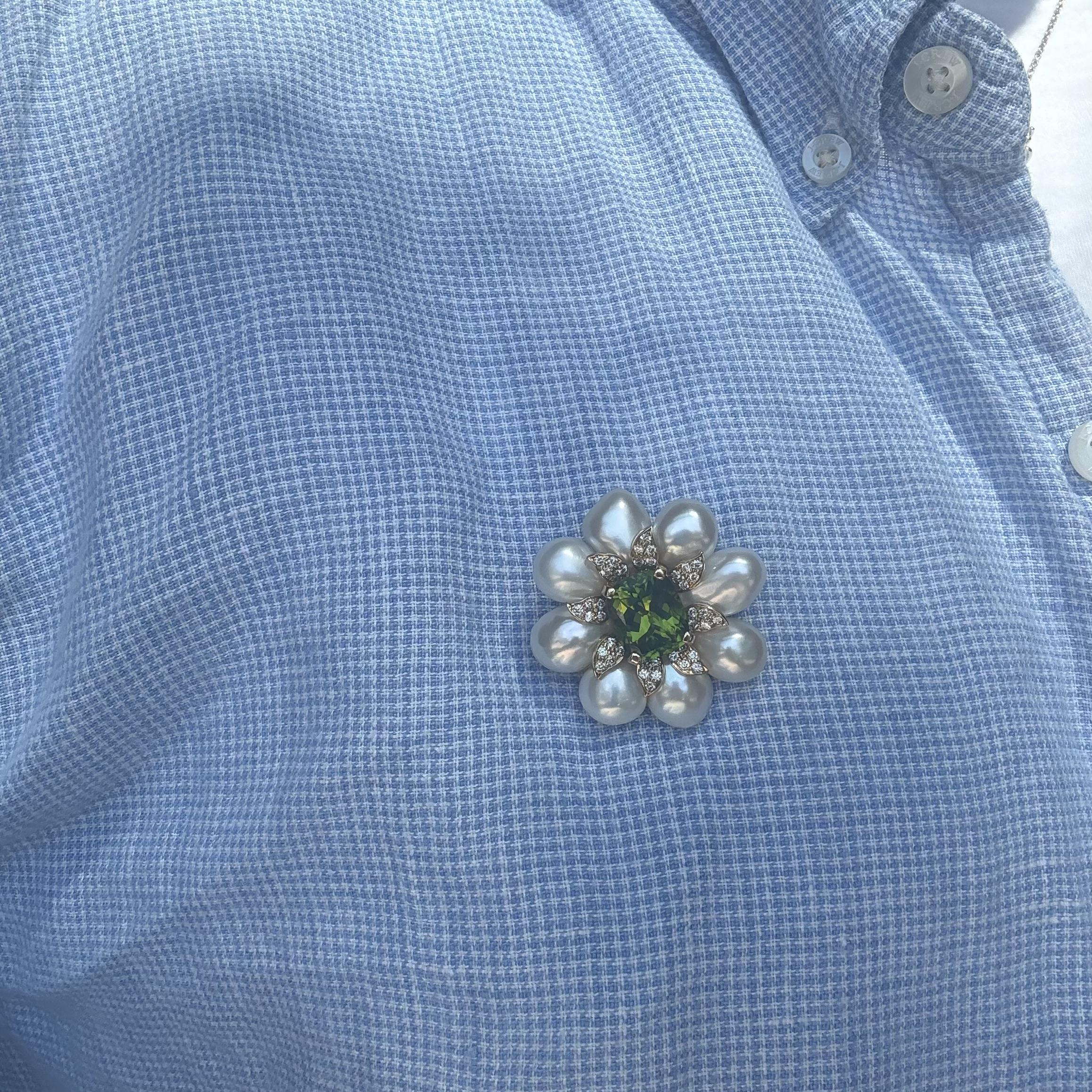 Peridot Pearl Diamond Floral Gold Brooch